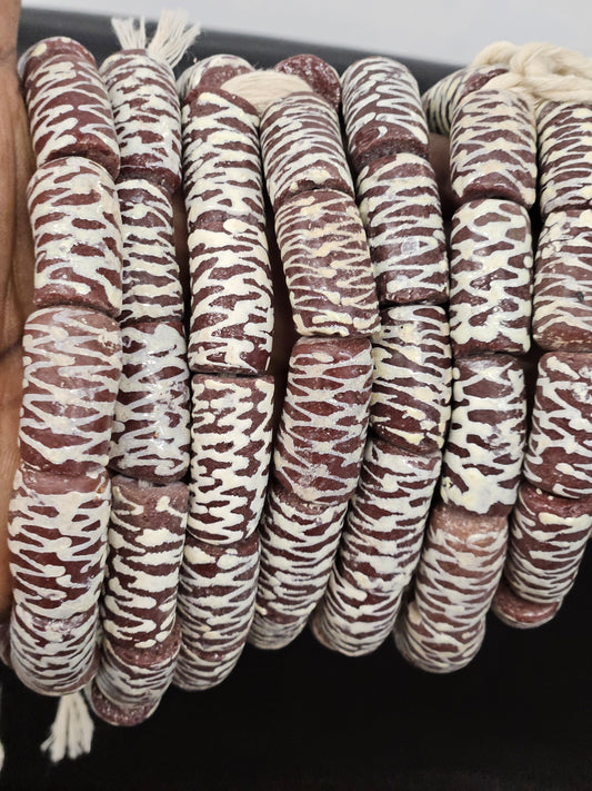 Handcrafted Krobo Painted Recycled Glass Beads – African Brown Tube Beads with Cream Zigzag Patterns (17–18mm × 28–30mm)