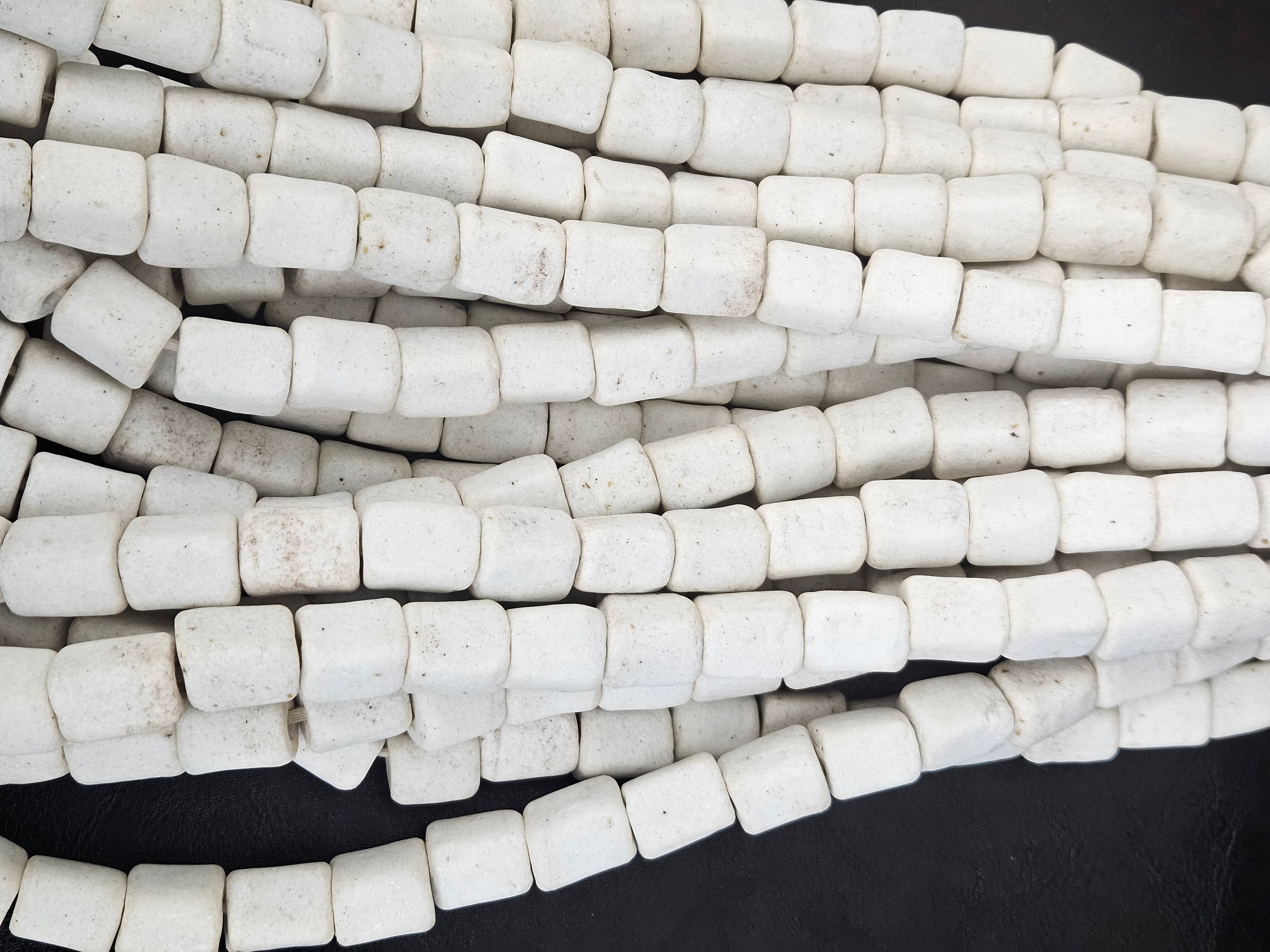 Classic Ivory Cube Tube Krobo Powdered Glass Beads | Handmade Recycled Glass Beads from Ghana | 30–32 Beads