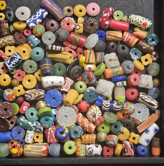 African Krobo Beads Soup Mix – 1 Cup (160+ Ghanaian Recycled Glass Beads, Tribal Patterns, 1lb)