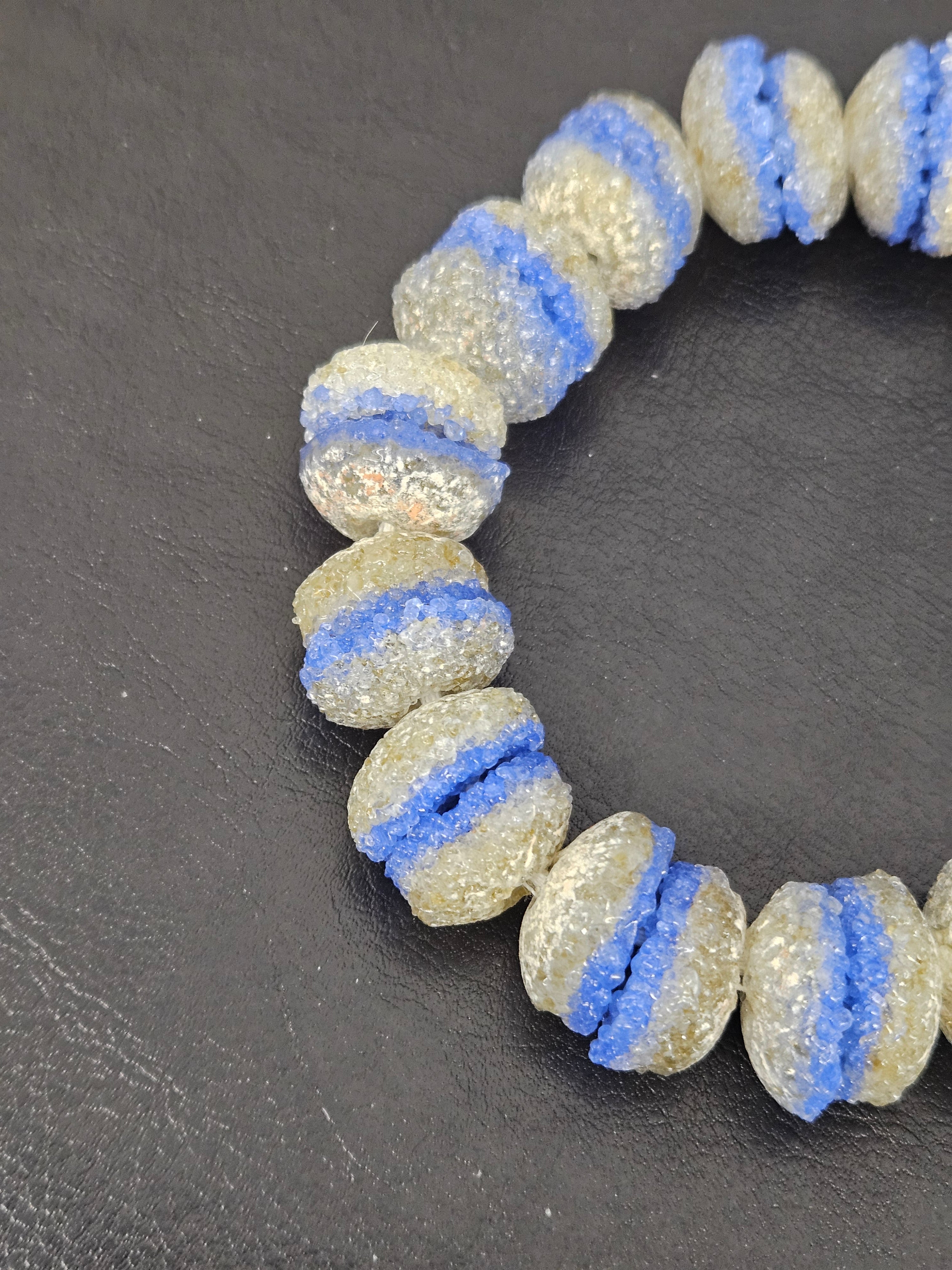Royal Blue & Ivory Krobo Sugar Glass Rondelle Beads | Handcrafted Recycled Glass Beads from Ghana | Approx. 30 Beads Per Strand