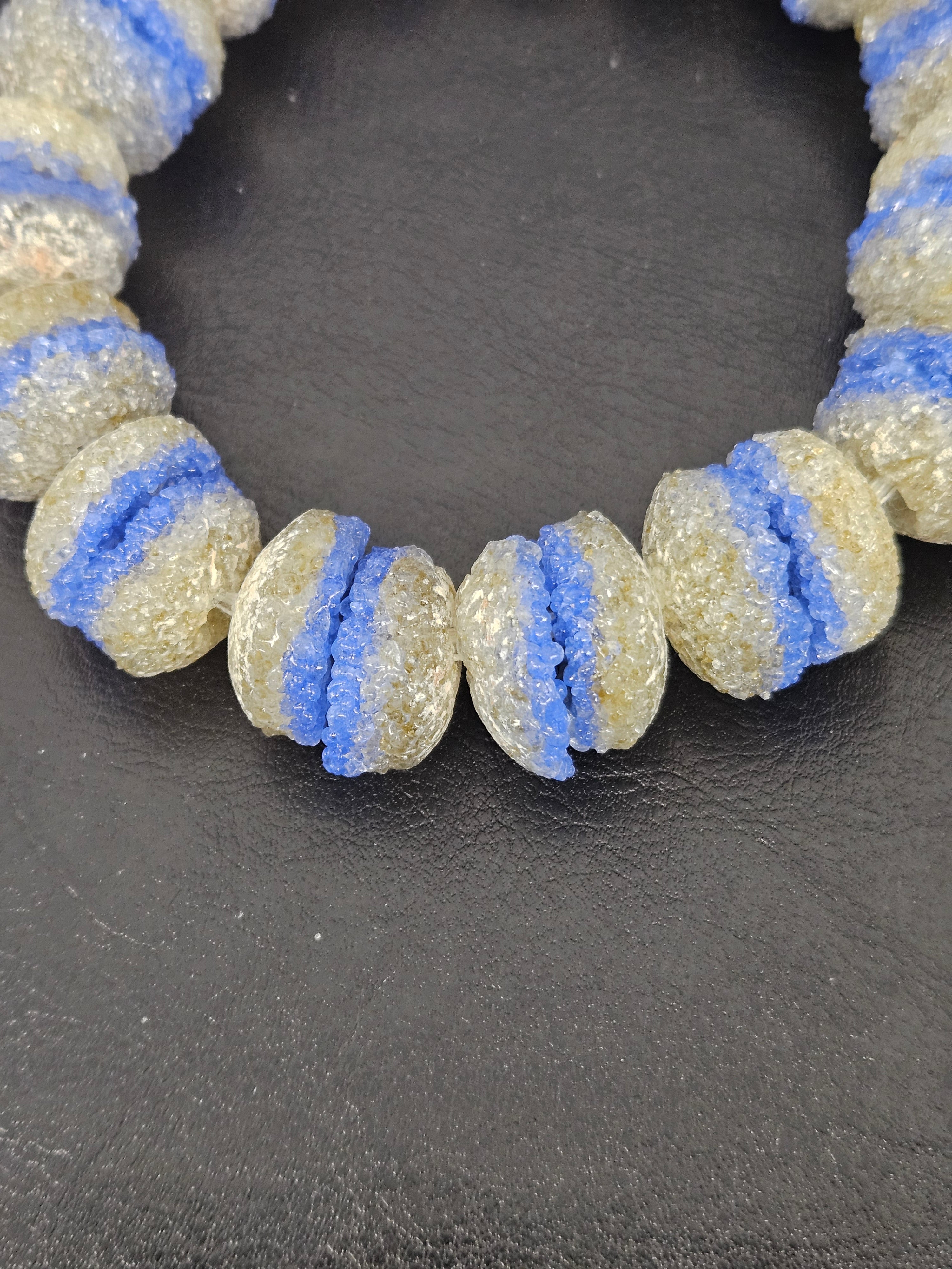 Royal Blue & Ivory Krobo Sugar Glass Rondelle Beads | Handcrafted Recycled Glass Beads from Ghana | Approx. 30 Beads Per Strand