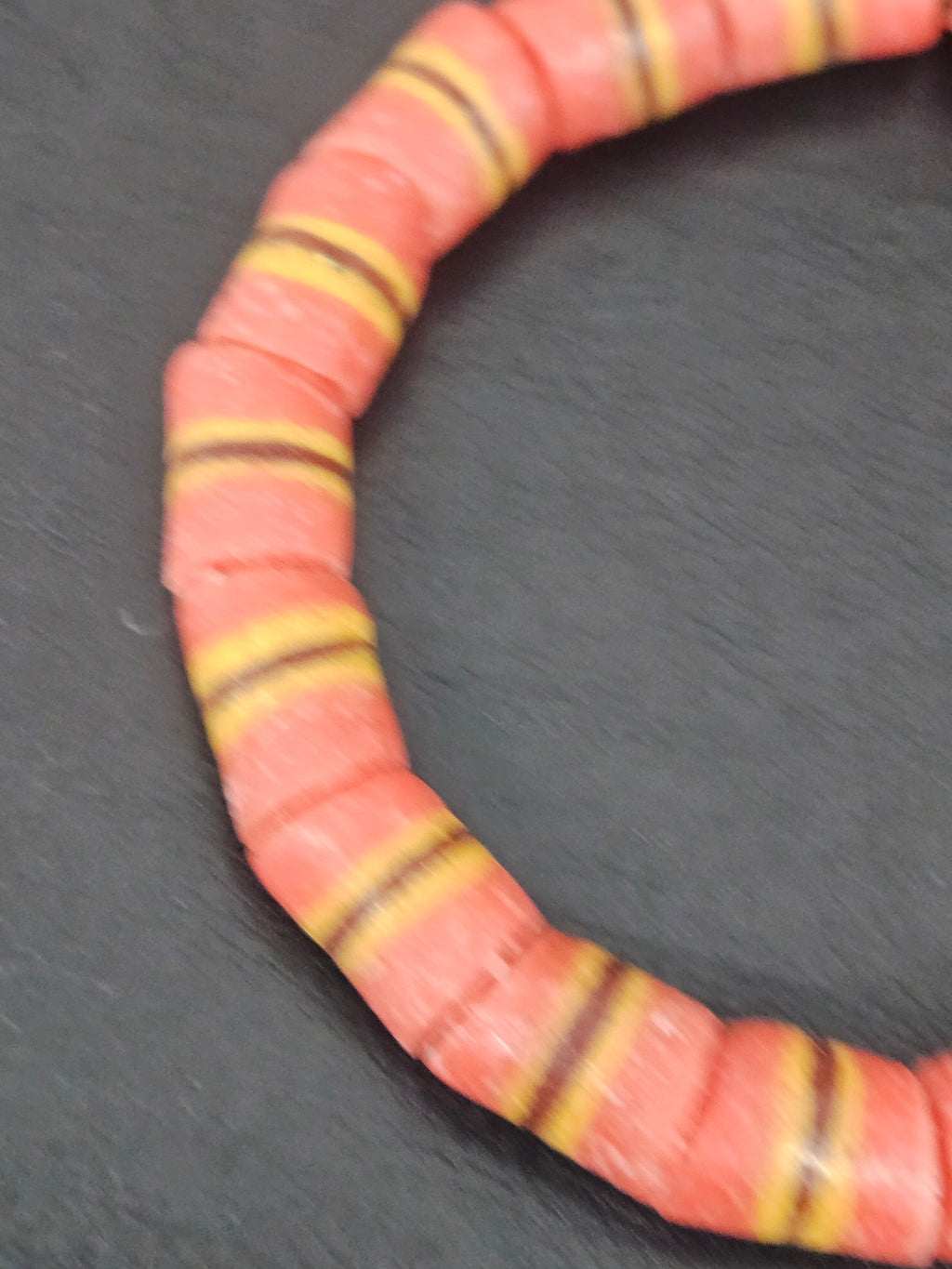 Red Striped Krobo Kente Glass Beads | Handcrafted Powdered Glass Beads from Ghana | Approx. 17 Beads