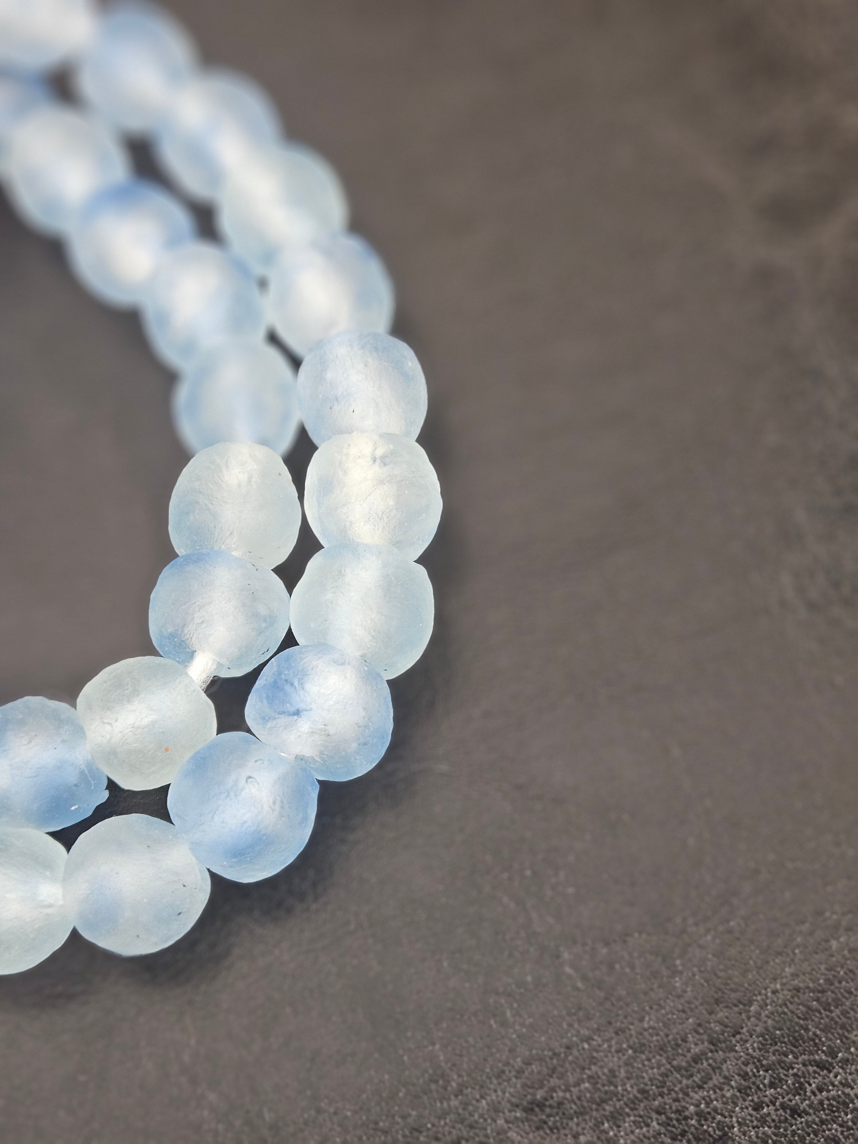 Authentic African Beads from Ghana | Chunky Ice Blue Translucent Recycled Glass Beads | Handmade Krobo Beads 12–14mm