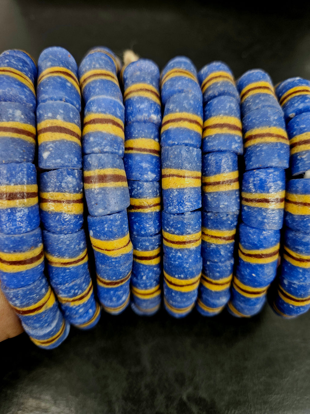 Blue Striped Krobo Kente Glass Beads | Handcrafted Powdered Glass Beads from Ghana | Approx. 17 Beads