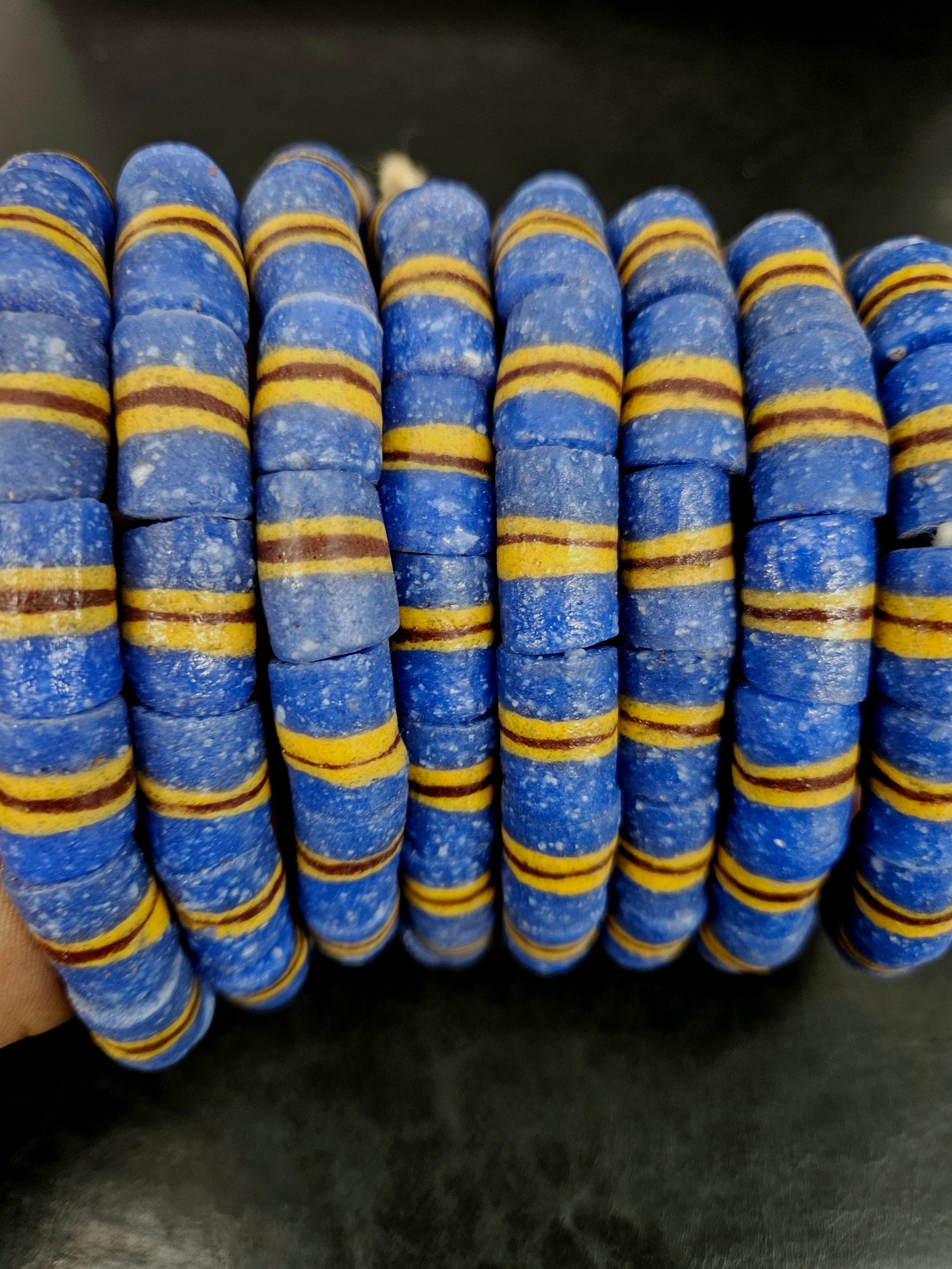 Blue Striped Krobo Kente Glass Beads | Handcrafted Powdered Glass Beads from Ghana | Approx. 17 Beads