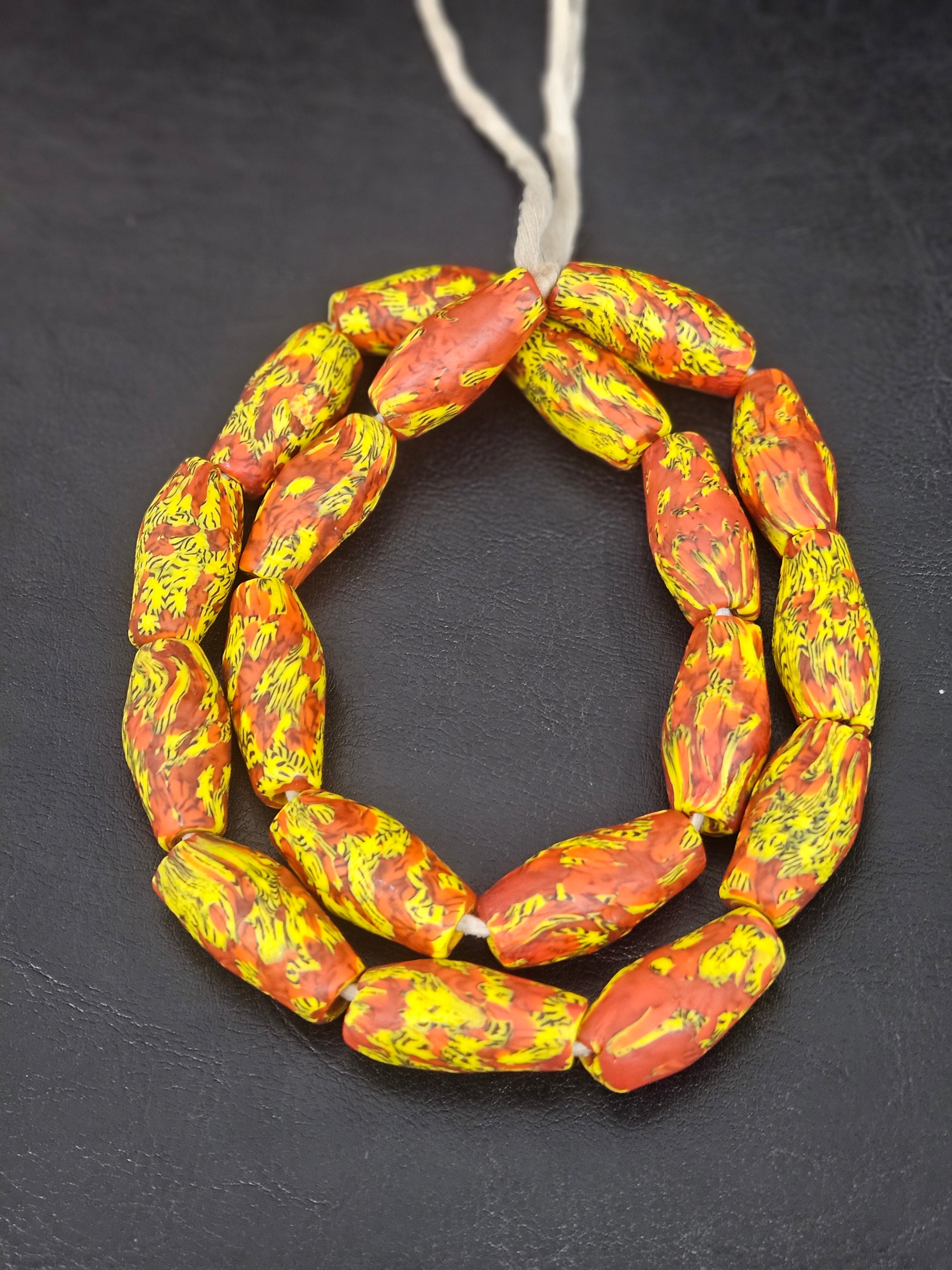 XL Rust Orange & Yellow Fused Krobo Recycled Glass Beads | Handmade Ghana Statement Beads