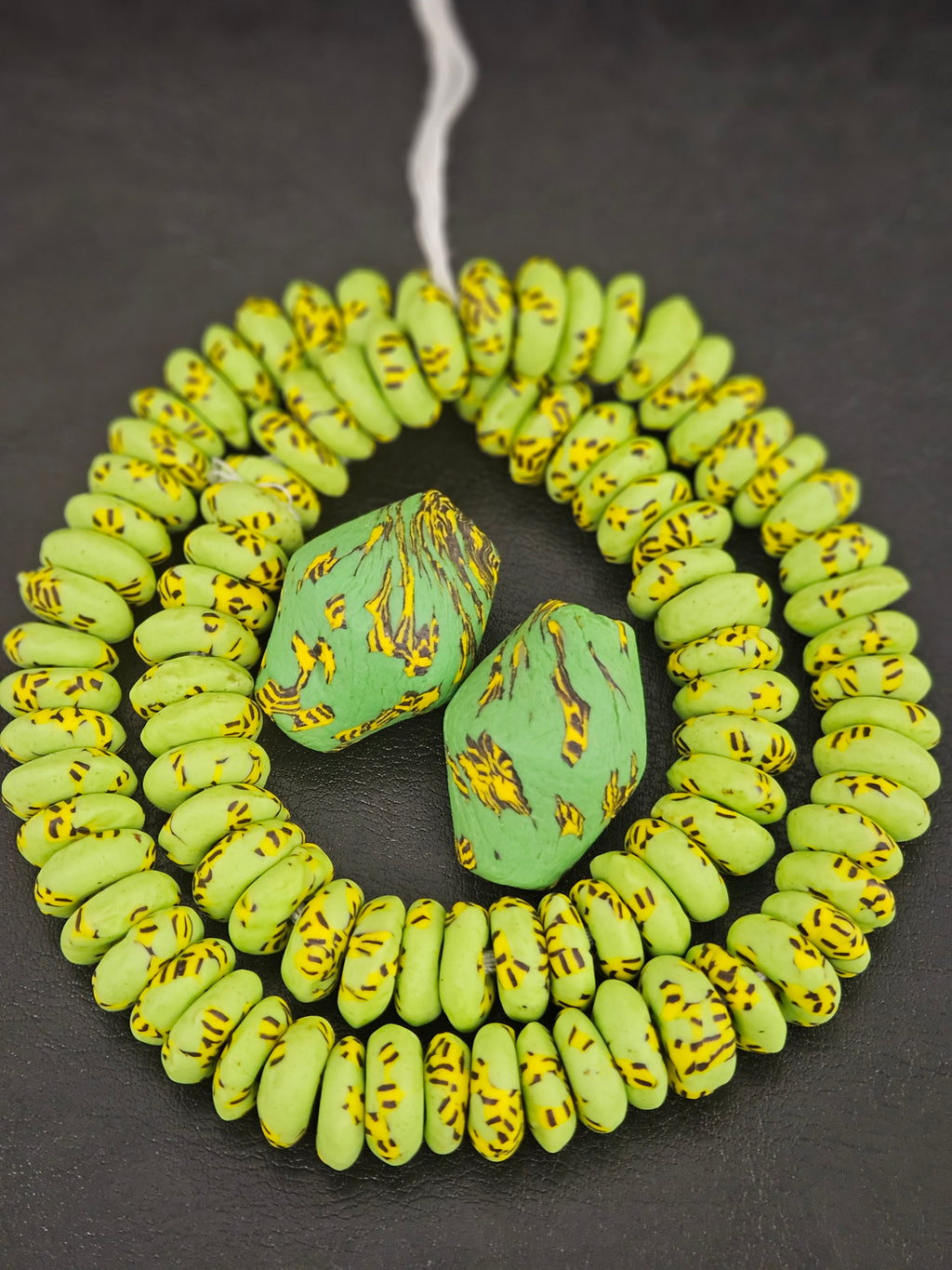 Green African Glass Beads Bundle – Krobo Rondelles + Bicone Focals