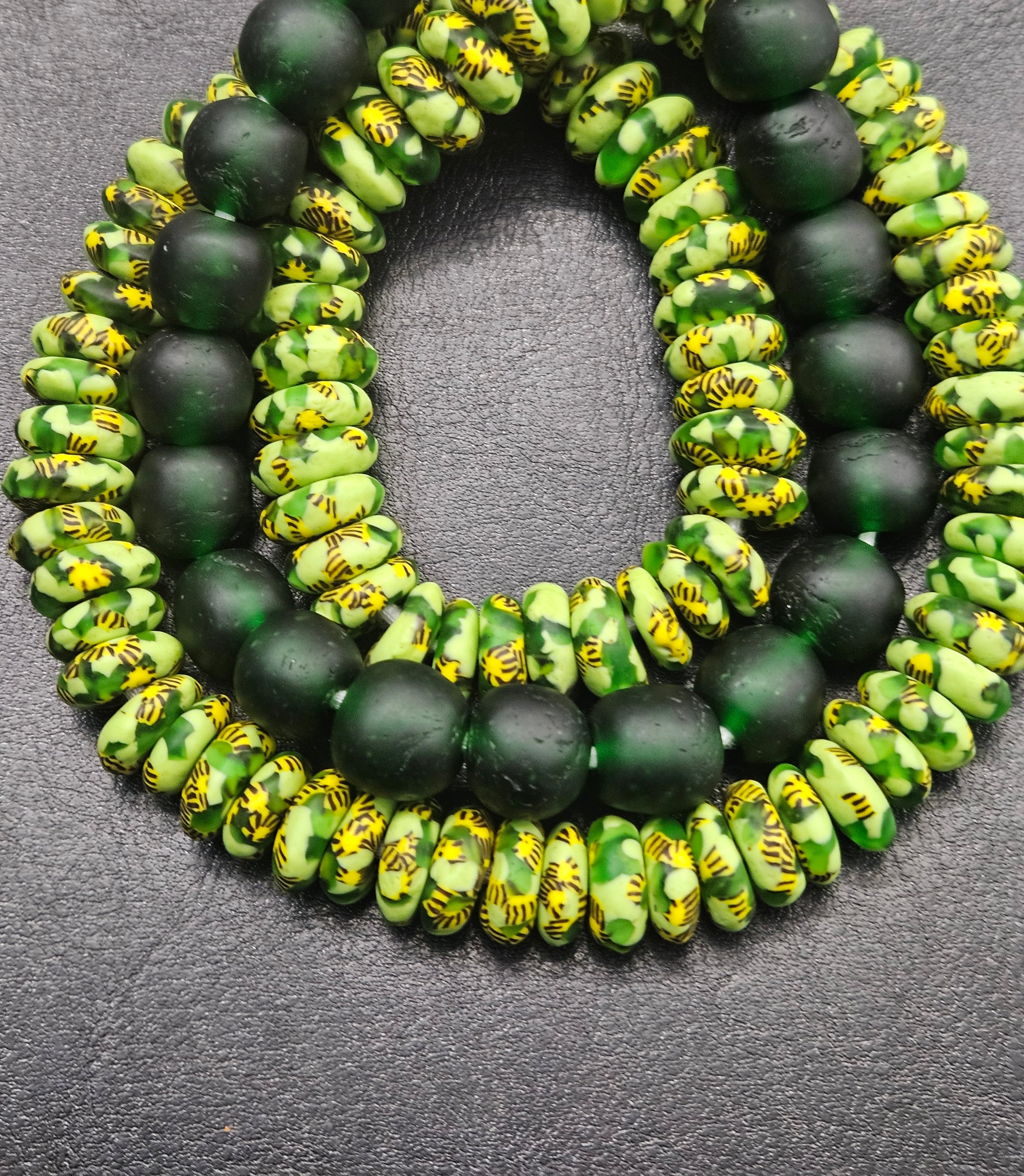 Lime Green Hand-Painted Krobo Rondelle Glass Beads & Emerald Green Pocket Glass Beads | Handmade in Ghana
