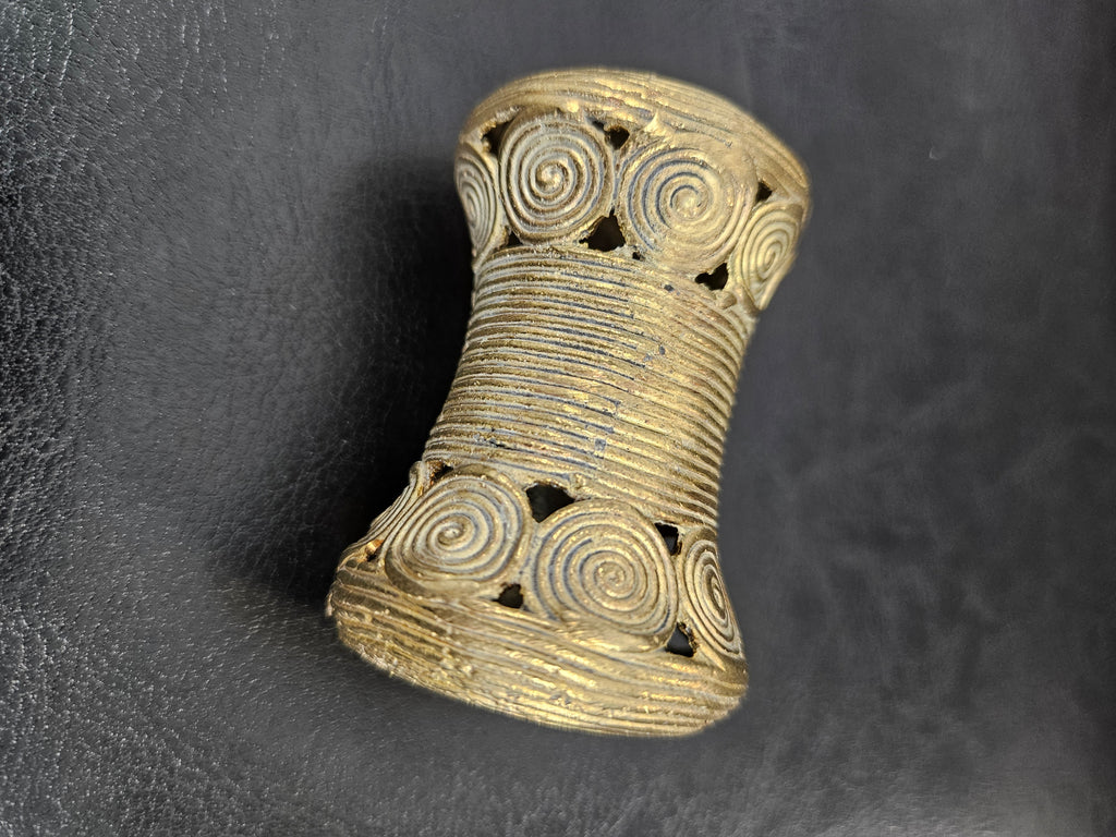 Oversized Ashanti Brass Talking Drum Bead — Spiral Medallion Openwork