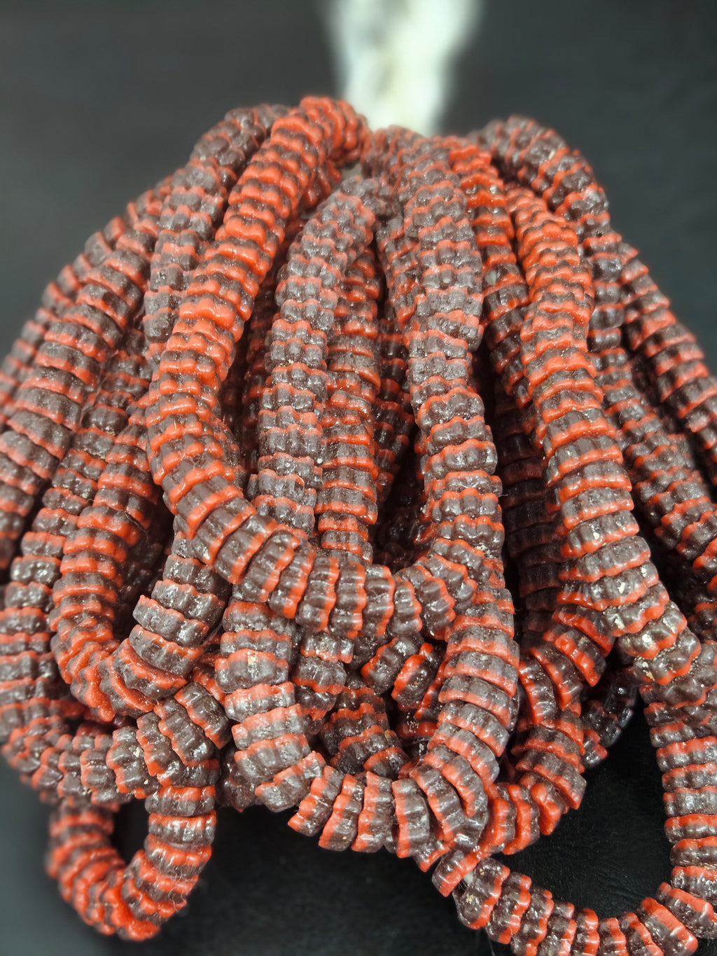 Brown & Coral Red Krobo Glass Spacer Beads | Handcrafted Recycled Glass Beads from Ghana