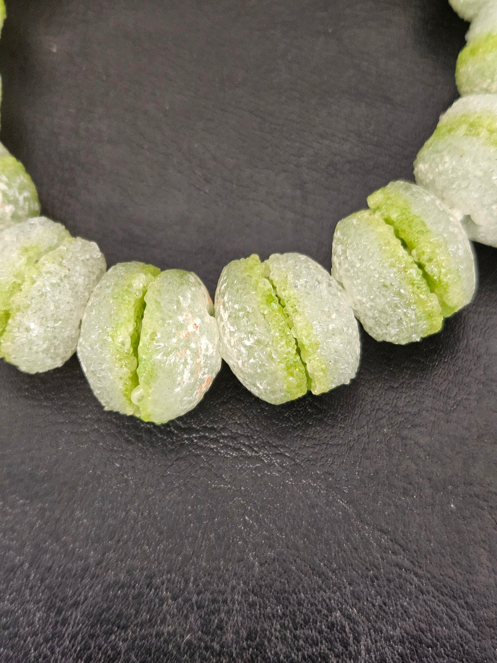 Lime Green & White Krobo Sugar Glass Rondelle Beads | Handcrafted Recycled Glass Beads from Ghana | Approx. 30 Beads Per Strand