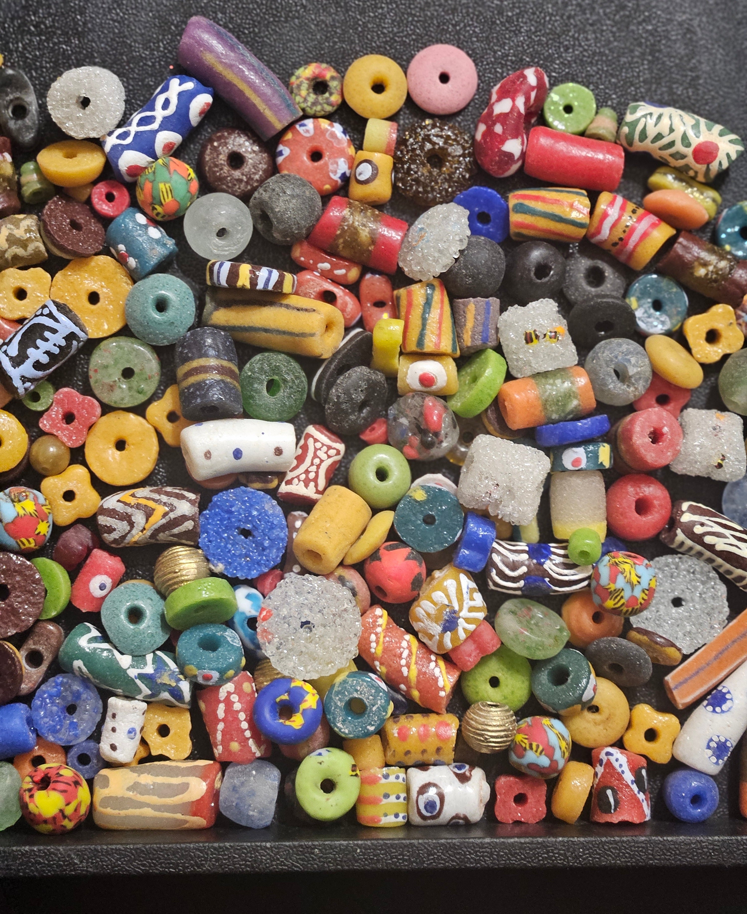 African Krobo Beads Soup Mix – 1 Cup (160+ Ghanaian Recycled Glass Beads, Tribal Patterns, 1lb)