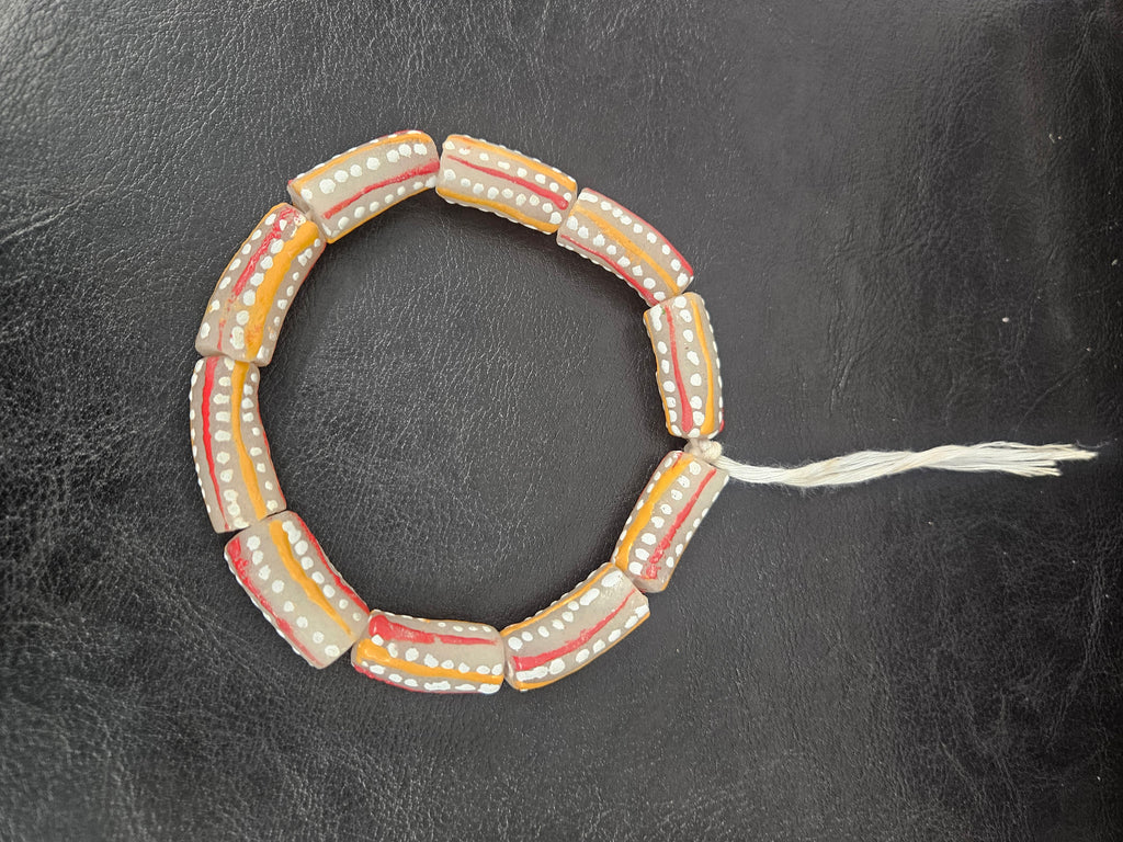 African Glass Beads – Painted Krobo Long Tubes, Gray & Coral Krobo Beads