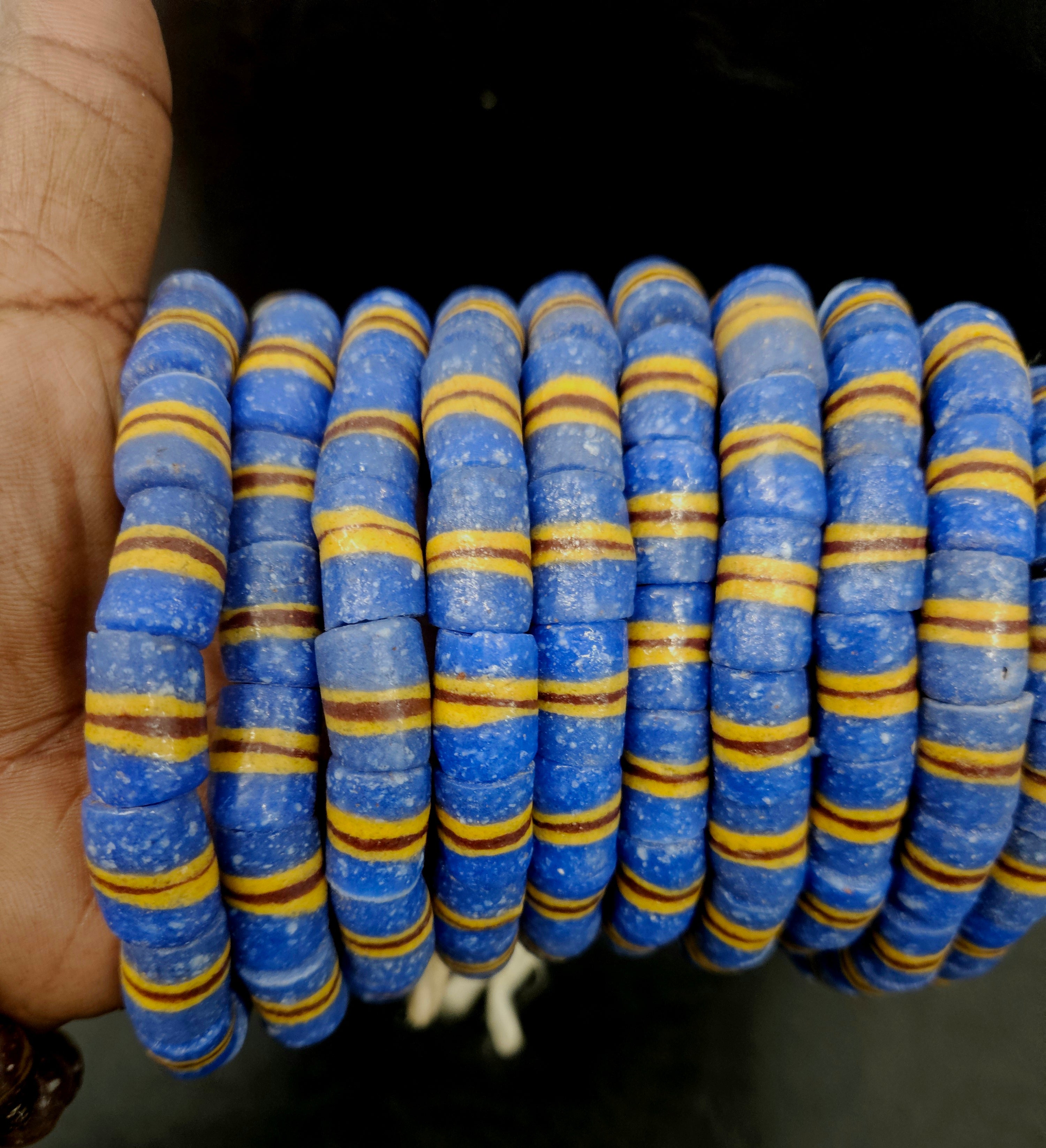 Blue Striped Krobo Kente Glass Beads | Handcrafted Powdered Glass Beads from Ghana | Approx. 17 Beads