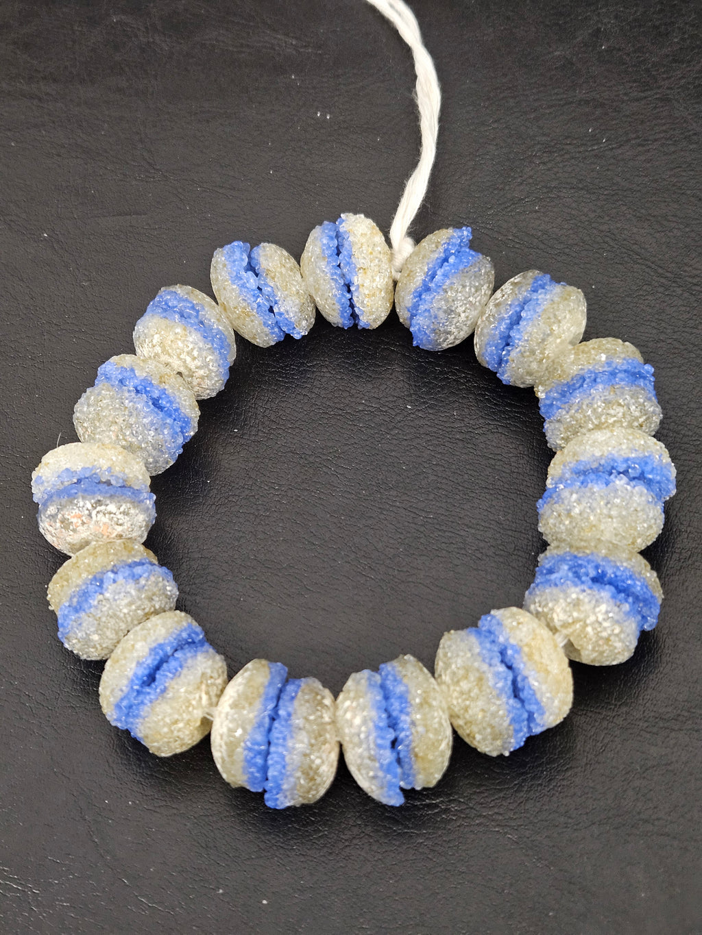 Royal Blue & Ivory Krobo Sugar Glass Rondelle Beads | Handcrafted Recycled Glass Beads from Ghana | Approx. 30 Beads Per Strand