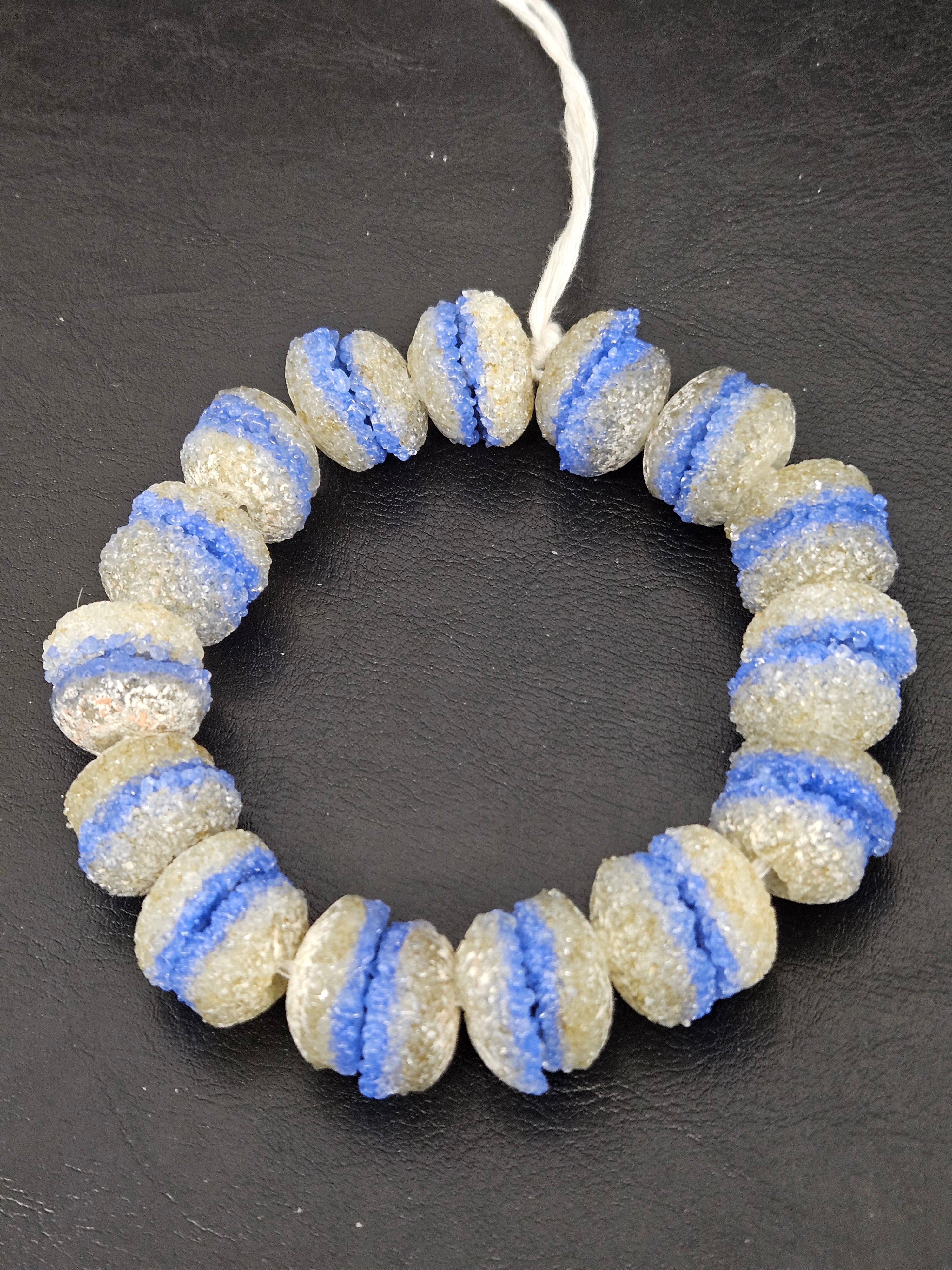 Royal Blue & Ivory Krobo Sugar Glass Rondelle Beads | Handcrafted Recycled Glass Beads from Ghana | Approx. 30 Beads Per Strand