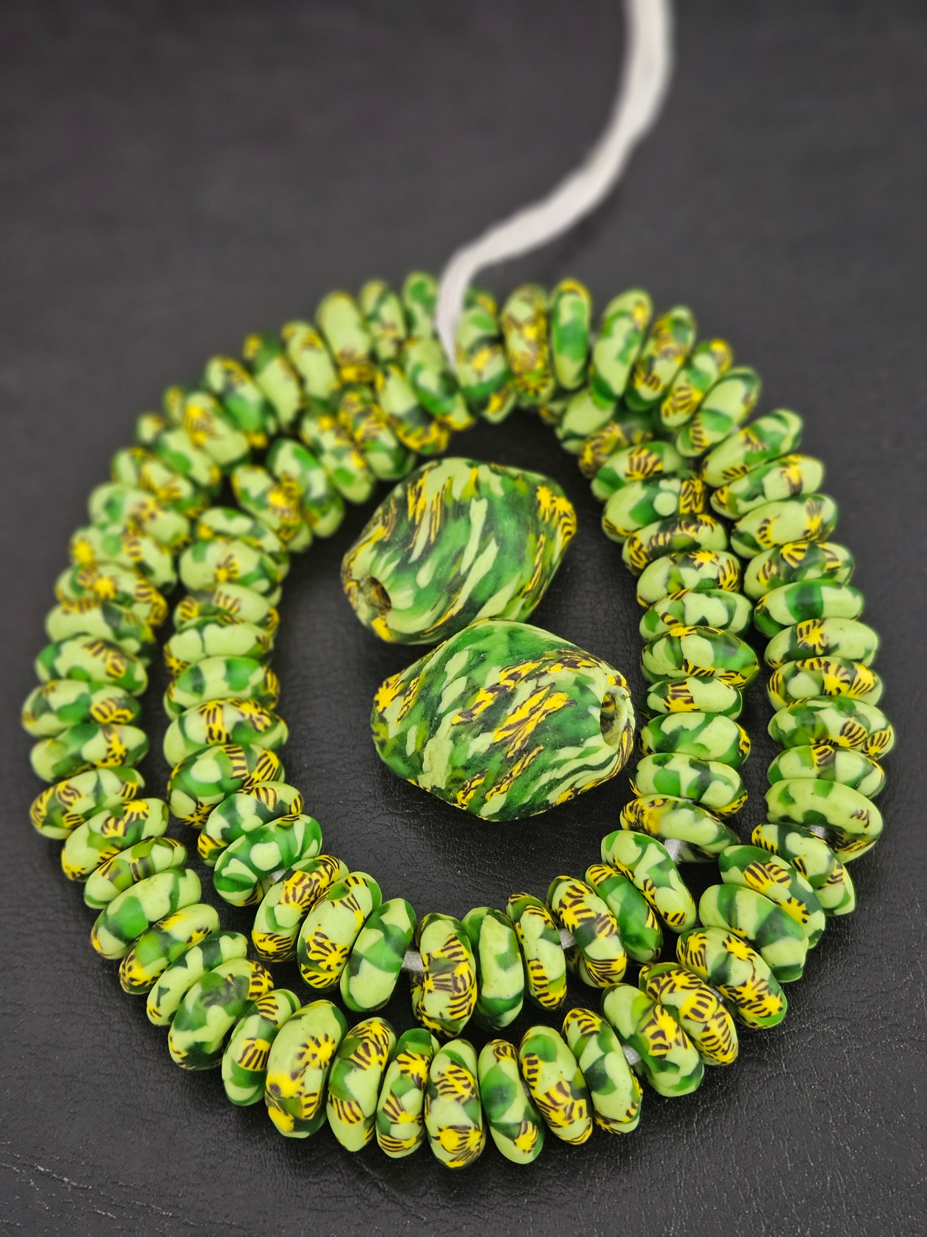 Green African Beads Bundle – Krobo Glass Rondelles + Bicone Focals
