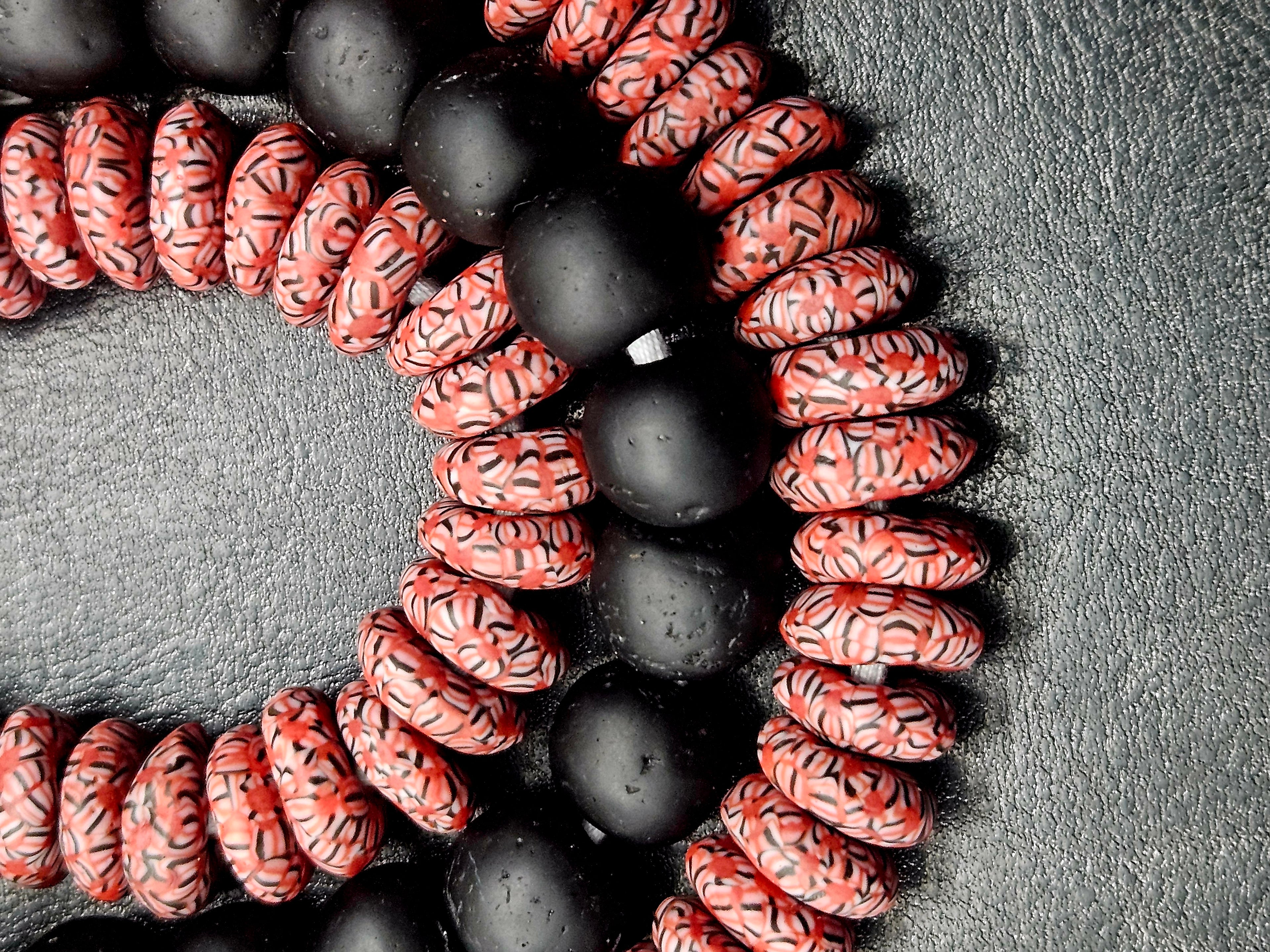 AADAMPO Curator Bundle™ | Coral Hand-Painted Krobo Rondelle Glass Beads & Matte Black Pocket Glass Beads | Handmade in Ghana
