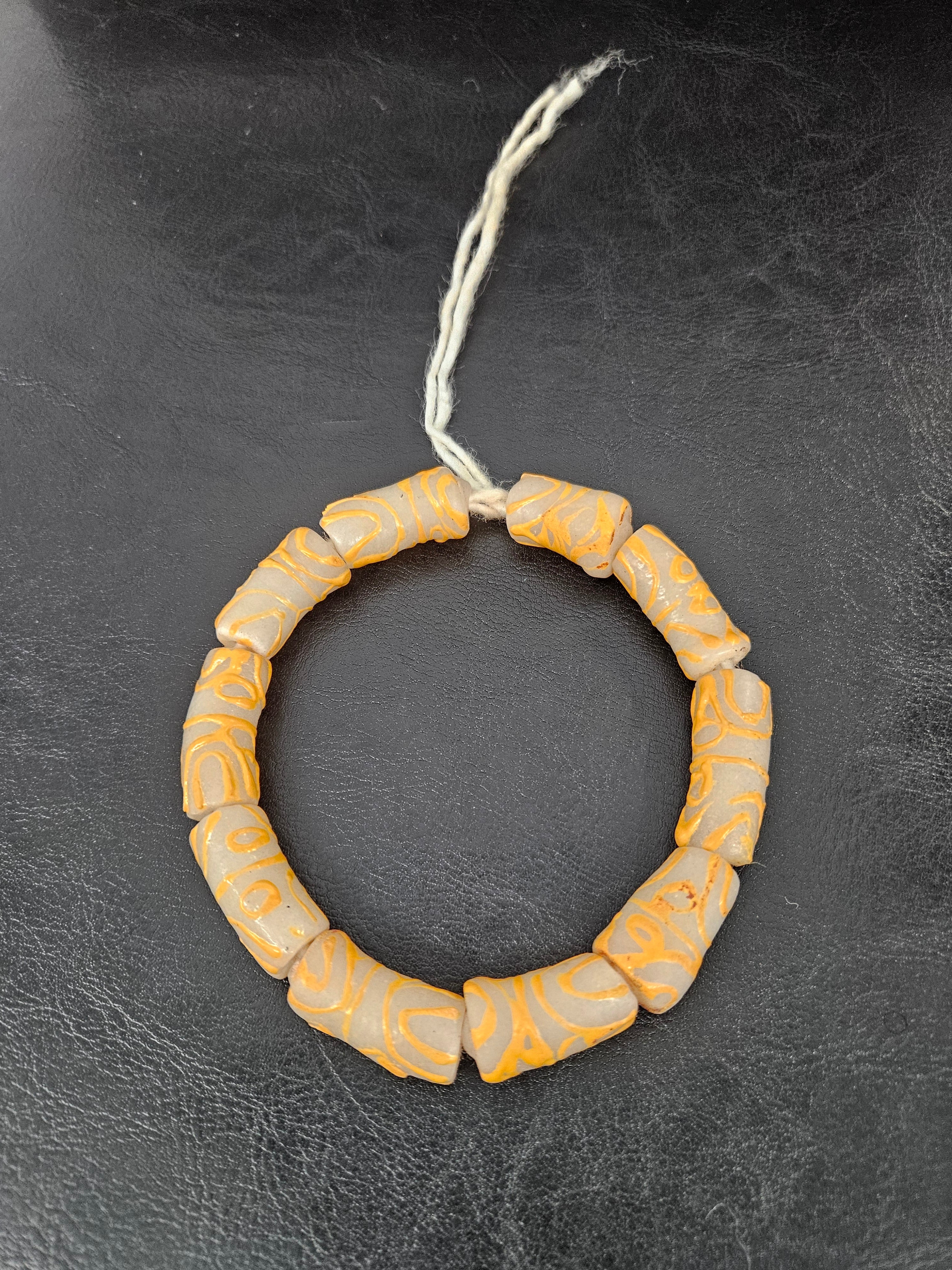 African Glass Beads – Painted Krobo Long Tubes, Frosty White & Gold Beads