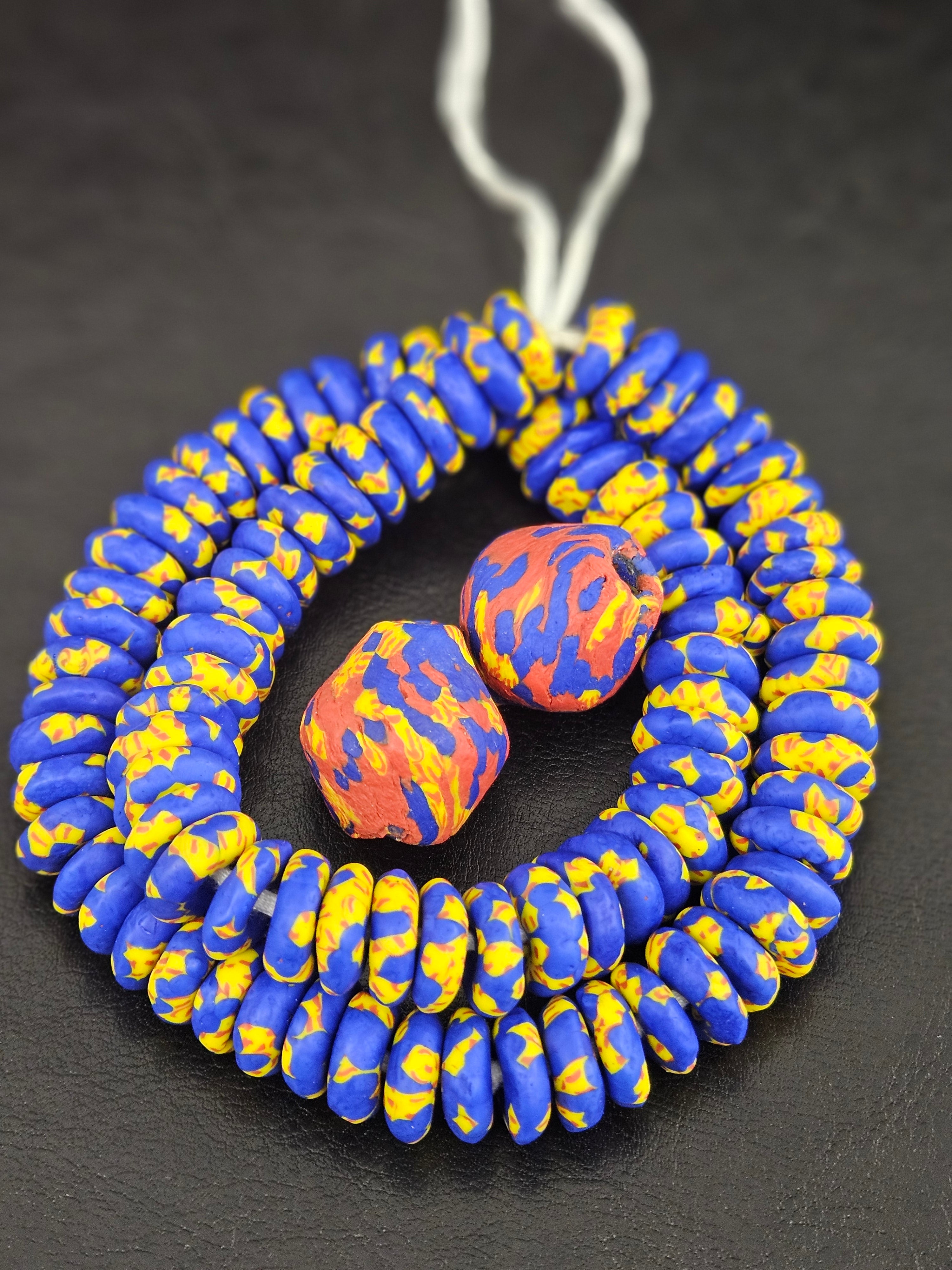 Blue African Beads Bundle – Krobo Glass Rondelles + Bicone Focal Beads