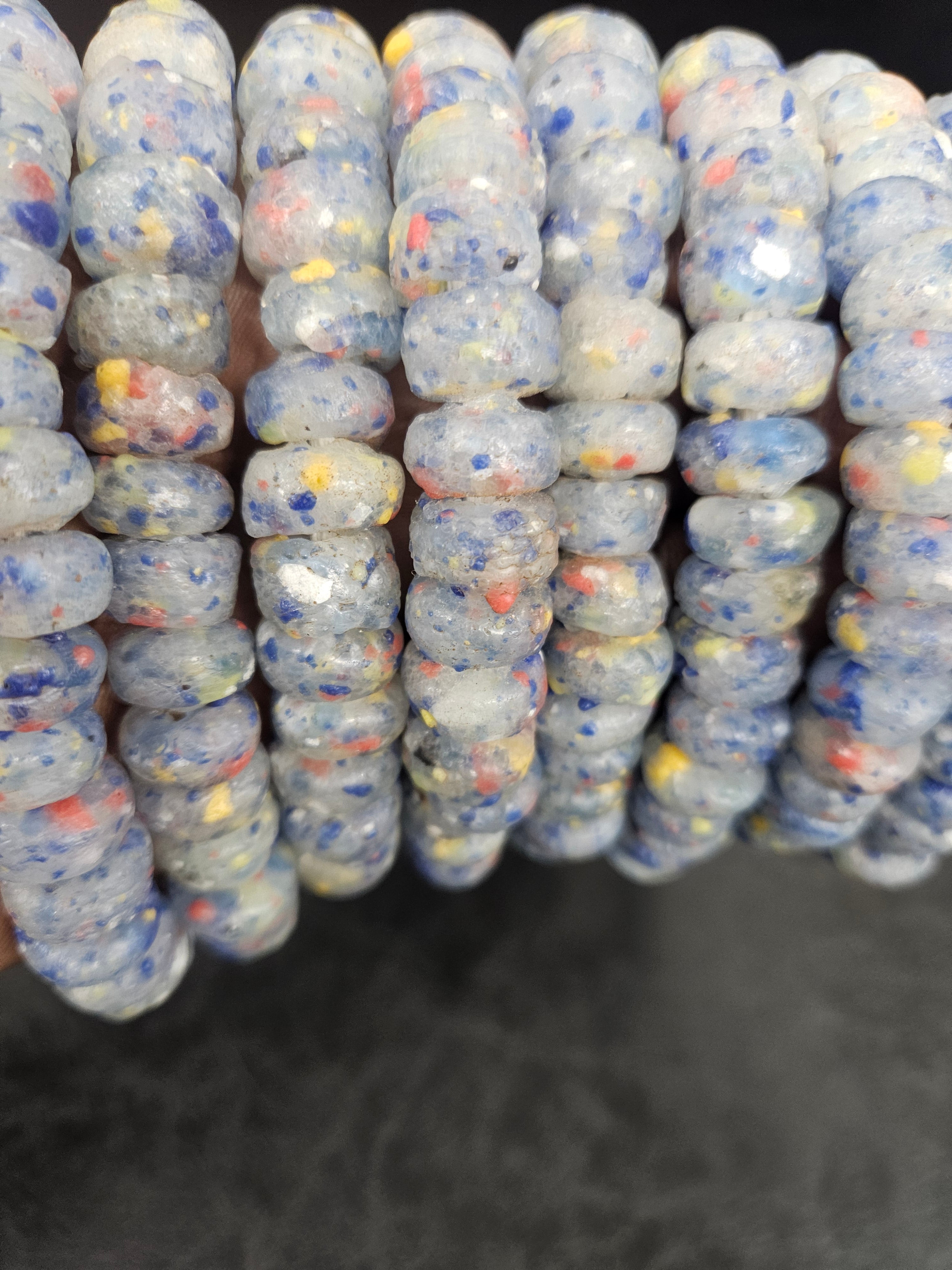 Blue Gray African Recycled Glass Short Tube Beads – Handmade Krobo Powder Glass Beads, 32–33 Beads