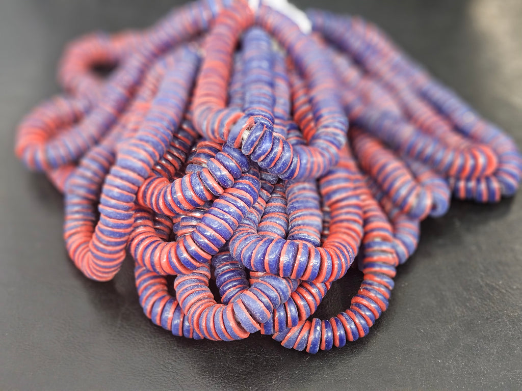 Cobalt Blue & Coral Red Krobo Glass Spacer Beads | Handmade Recycled Glass Beads from Ghana