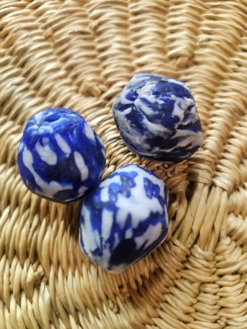 24mm Blue Painted Krobo Focal Bead | Handmade Recycled Glass Ghana