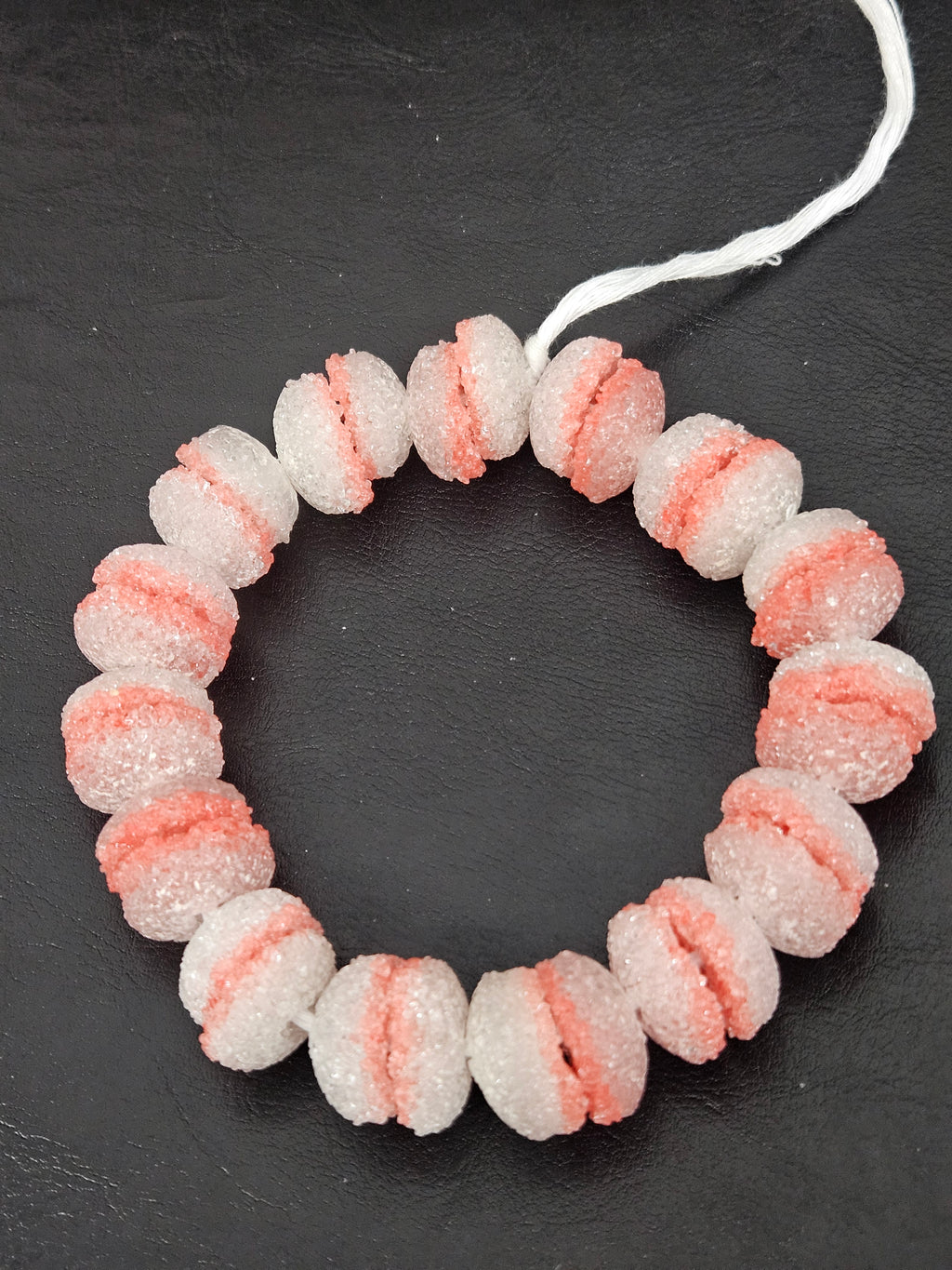 Coral & White Krobo Sugar Glass Rondelle Beads | Handcrafted Recycled Glass Beads from Ghana | Approx. 30 Beads Per Strand