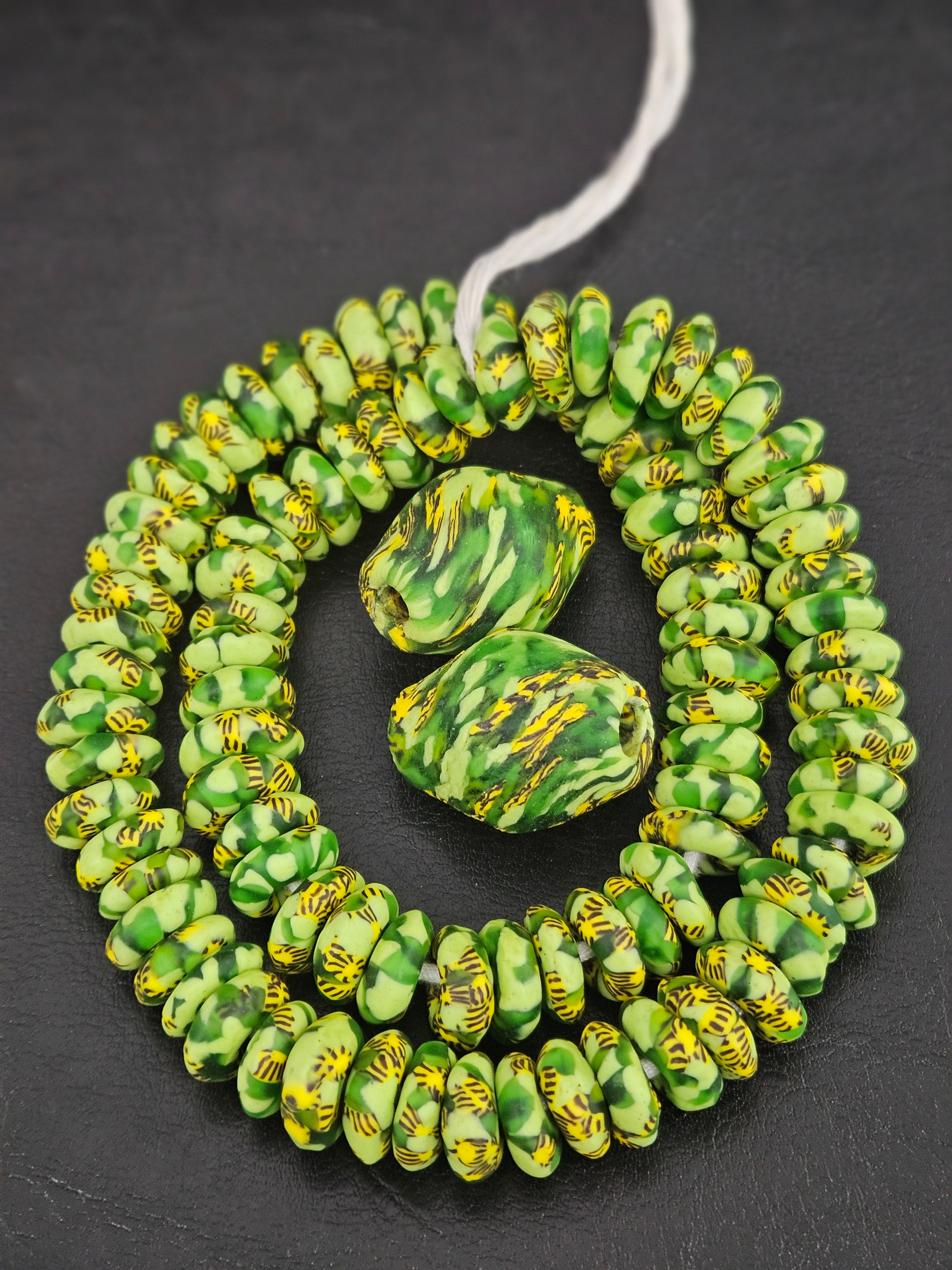 Green African Beads Bundle – Krobo Glass Rondelles + Bicone Focals