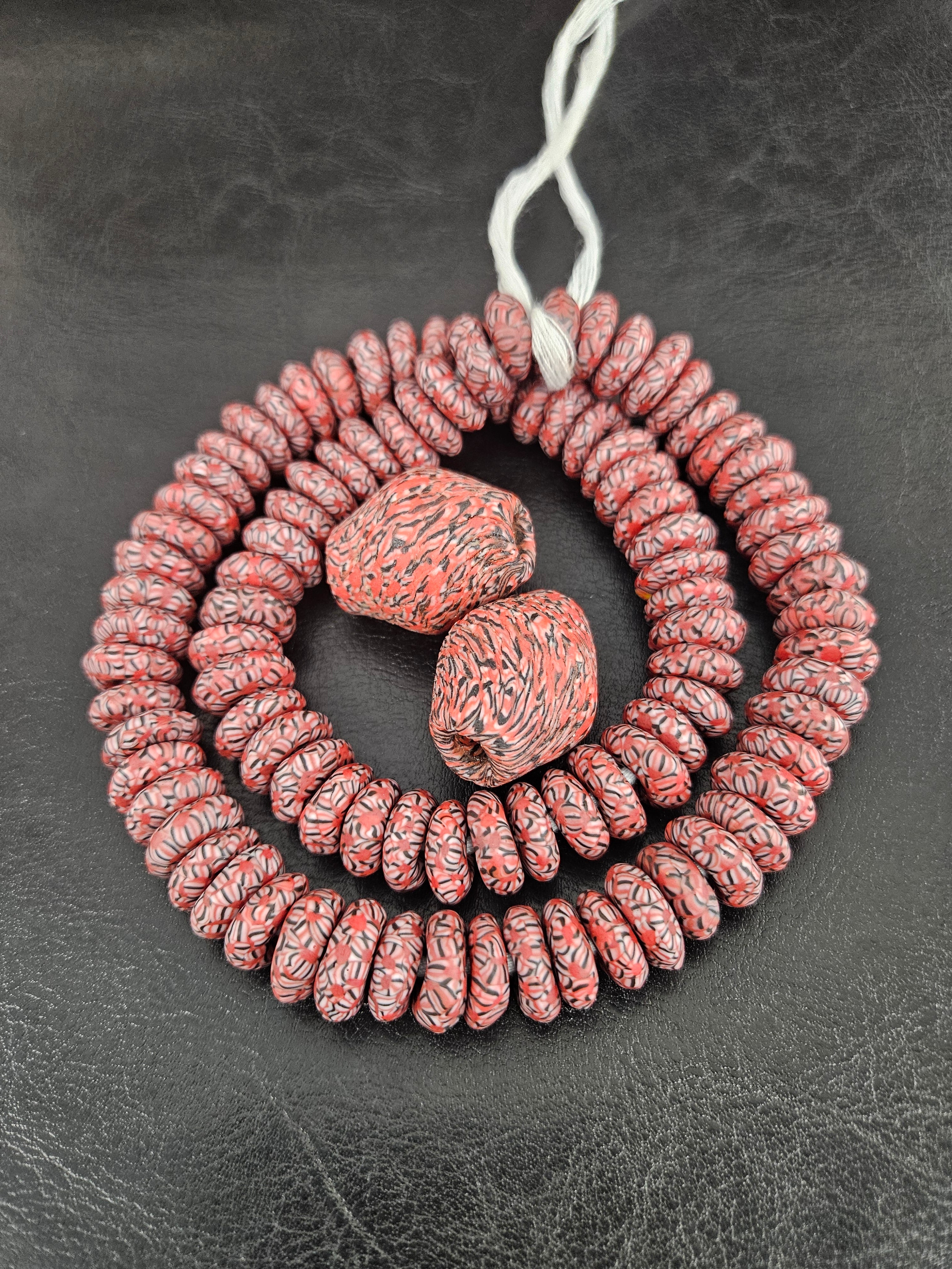 African Glass Bead Bundle – Coral Krobo Rondelles + Bicone Focal Beads