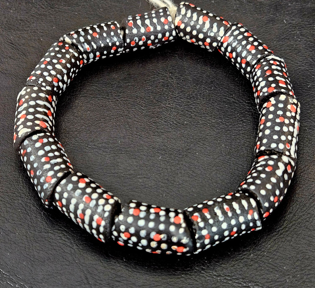 Painted Krobo Glass Beads | Black Red & White Polka Dot Long Tube Beads | Handcrafted Ghana Recycled Glass Beads