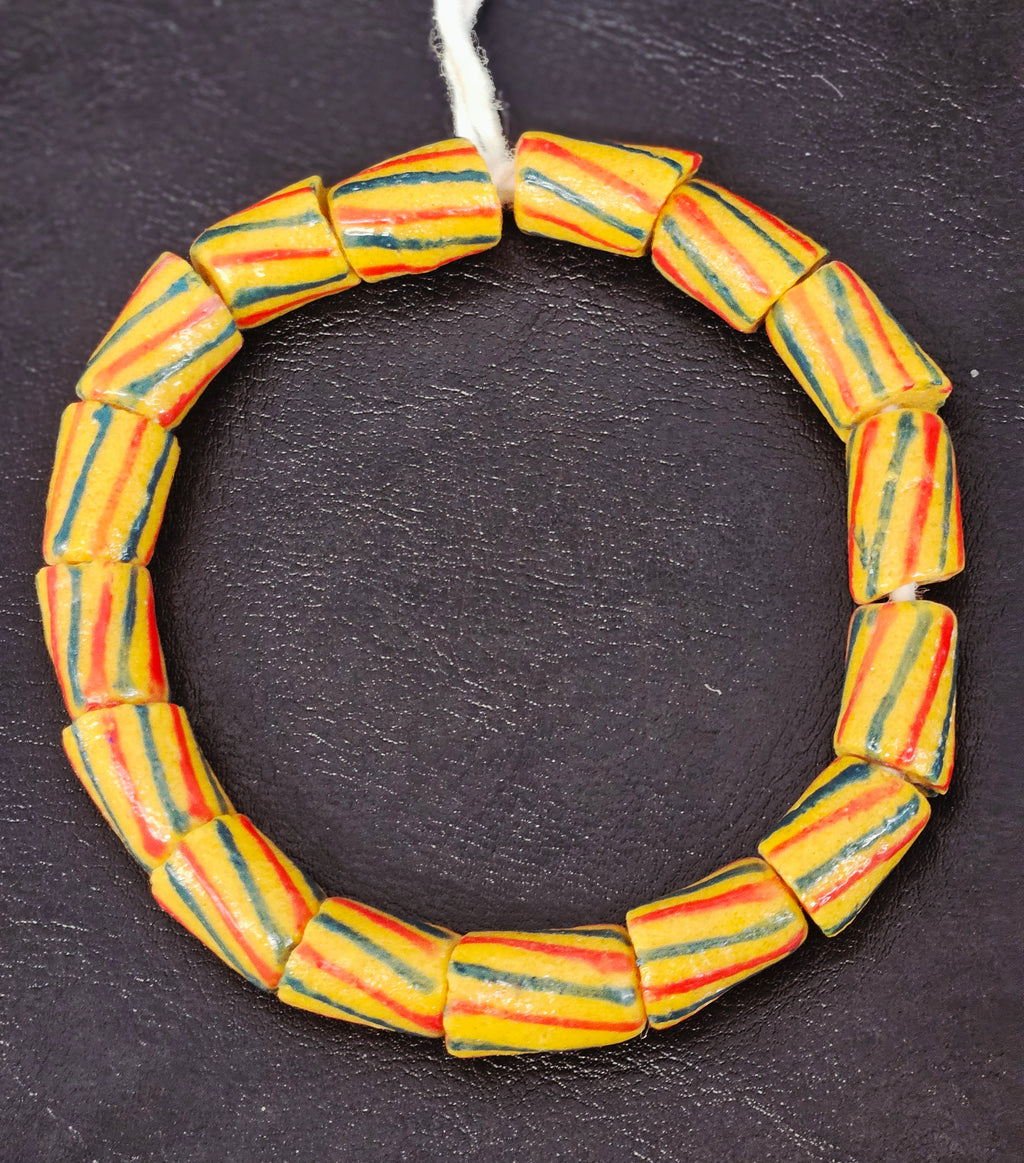 Yellow, Red & Green Striped Krobo Recycled Glass Tube Beads – 12–14 × 15–18 mm | Handcrafted in Ghana