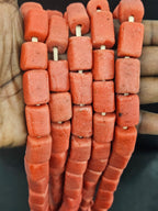 Coral Terracotta Cube Tube Krobo Powdered Glass Beads | Handmade Recycled Glass Beads from Ghana | 30–32 Beads per Strand