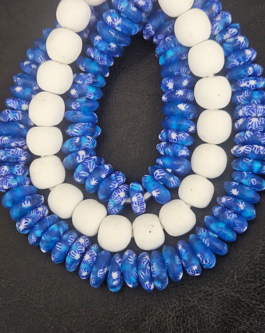 Blue & White African Glass Bead Bundle: Hand-Painted Krobo Rondelle and White Pocket Beads from Ghana