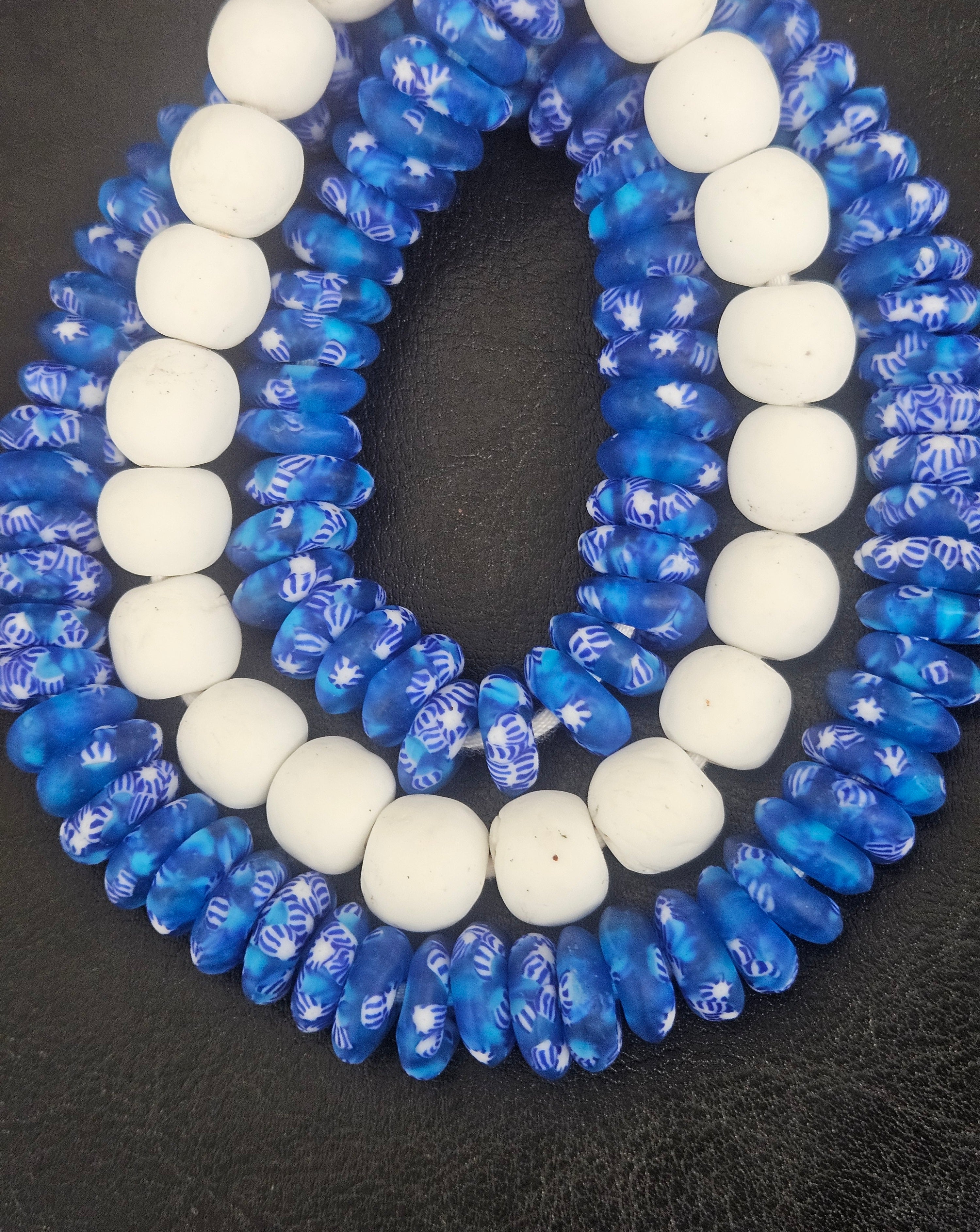 Blue & White African Glass Bead Bundle: Hand-Painted Krobo Rondelle and White Pocket Beads from Ghana