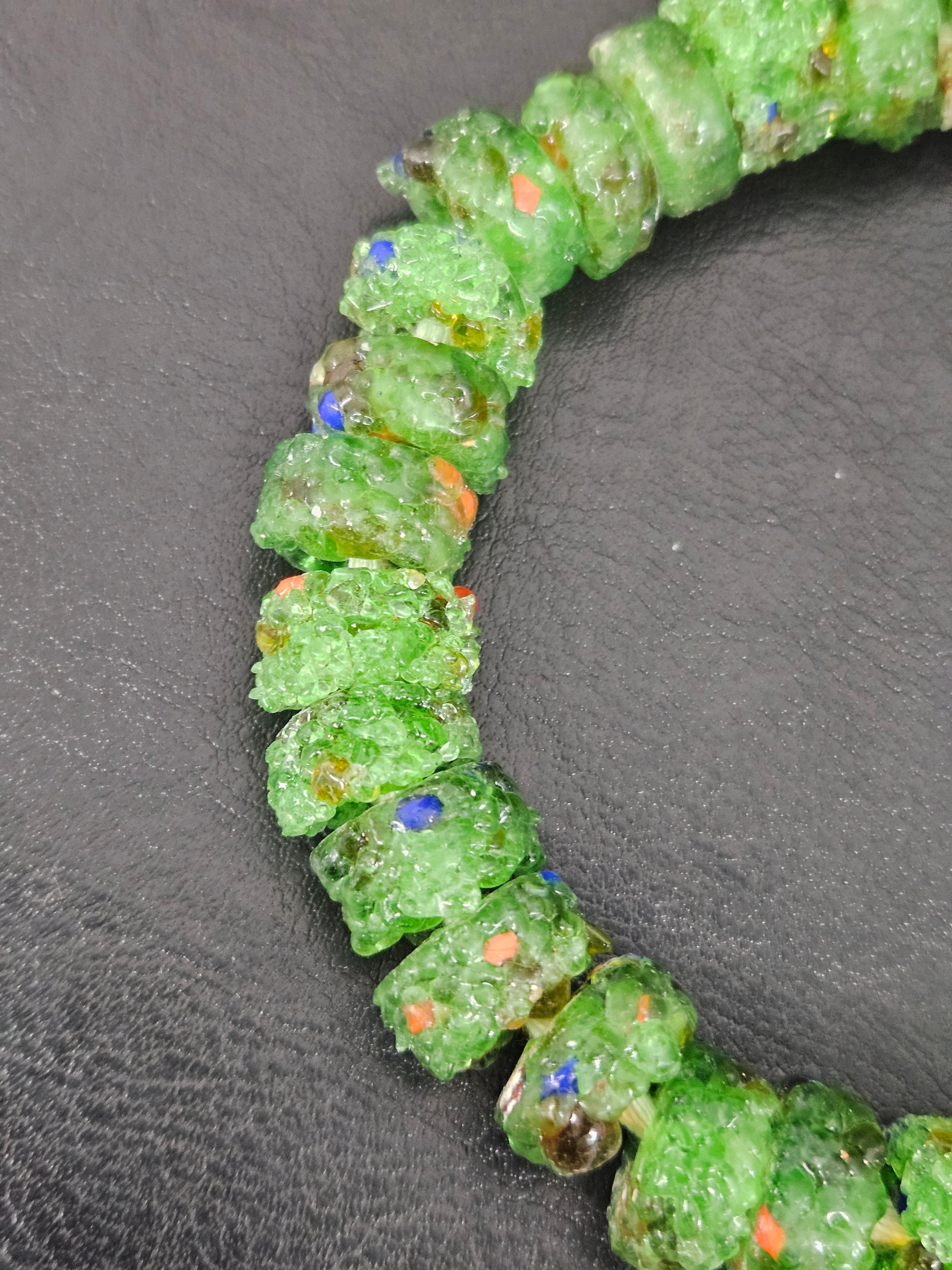 Green Confetti Krobo Sugar Glass Short Tube Beads | Handcrafted Recycled Glass Beads from Ghana | Approx. 32 Beads Per Strand