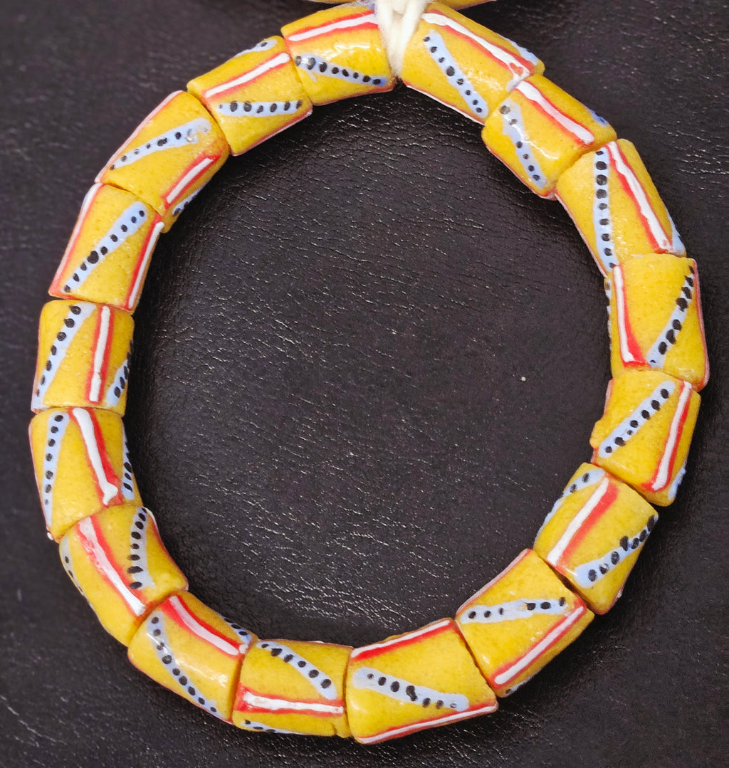 Yellow & Red Patterned Krobo Recycled Glass Tube Beads – 12–14 × 15–18 mm | Handcrafted in Ghana