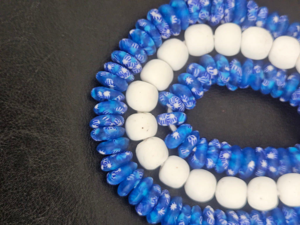 Blue & White African Glass Bead Bundle: Hand-Painted Krobo Rondelle and White Pocket Beads from Ghana