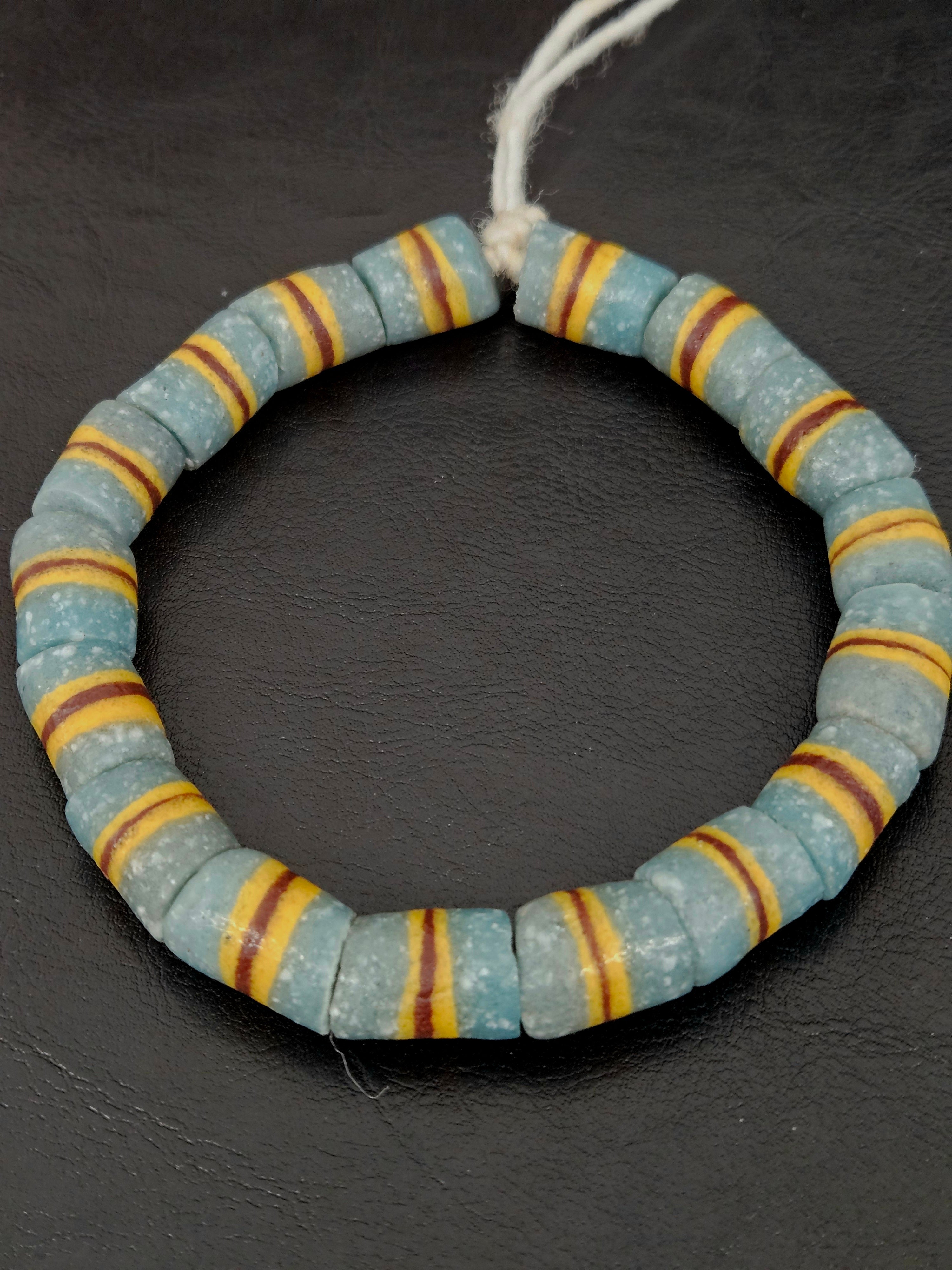 Light Blue Striped Krobo Kente Glass Beads | Handcrafted Powdered Glass Beads from Ghana | Approx. 17 Beads
