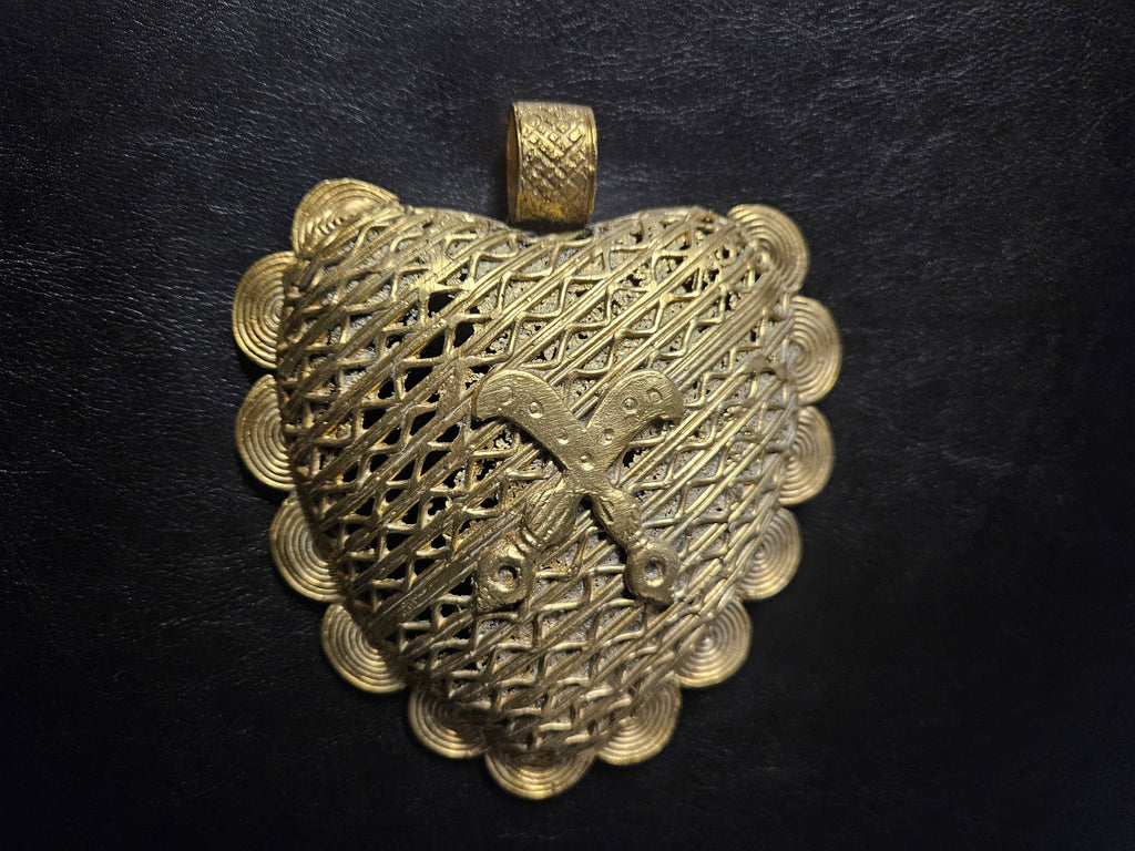 Large Akofena Ghana Brass Statement Pendant – Woven Geometric Focal