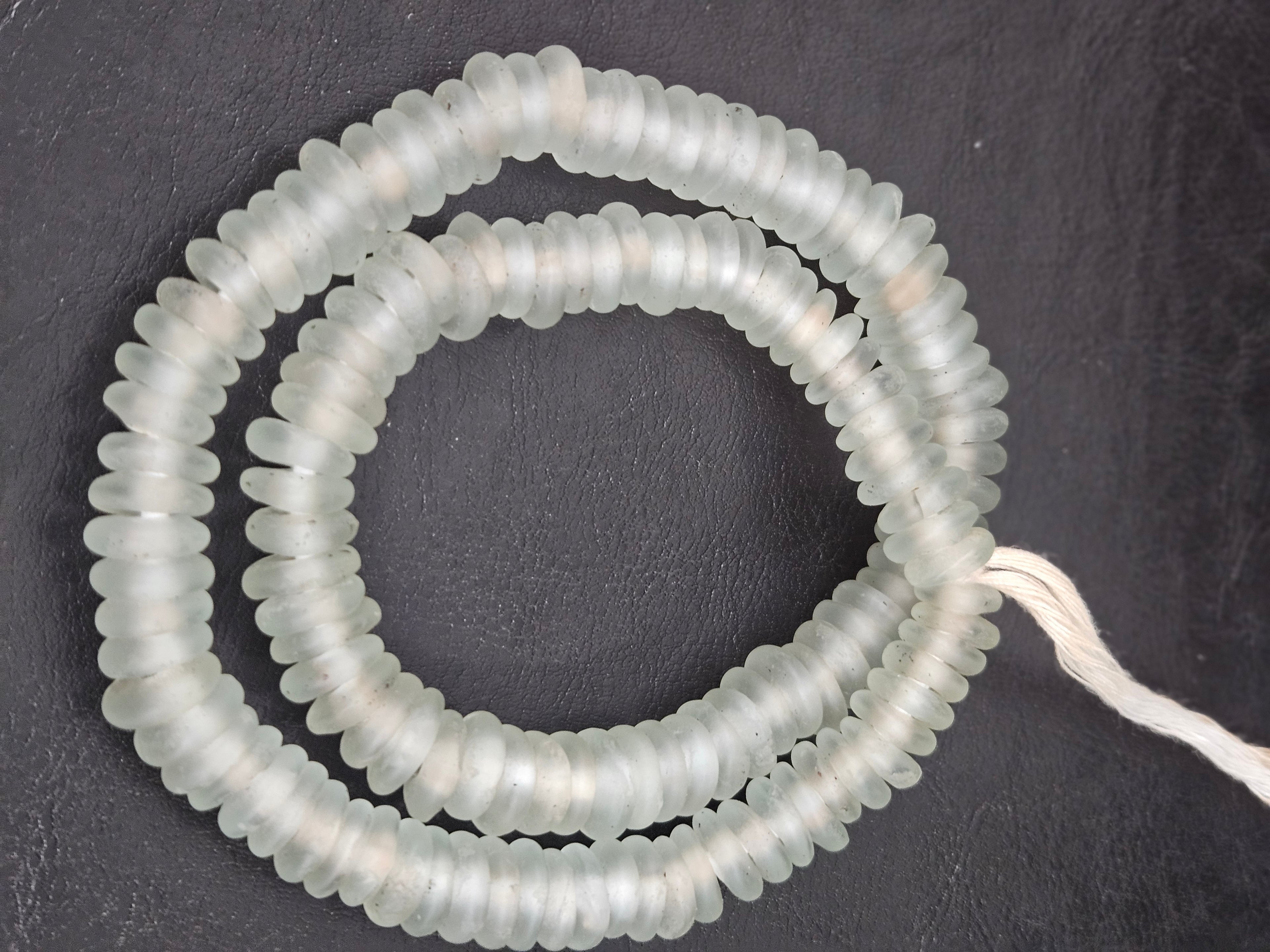 Authentic Frost White Krobo Translucent Recycled Glass Rondelle Beads Handmade in Ghana