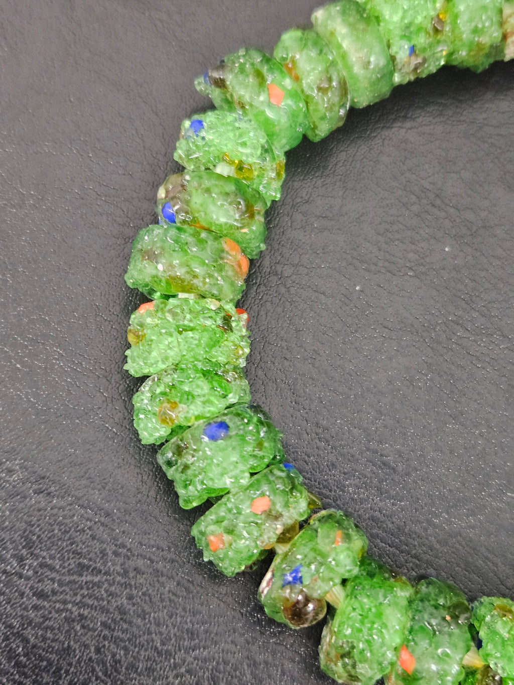 Green Confetti Krobo Sugar Glass Short Tube Beads | Handcrafted Recycled Glass Beads from Ghana | Approx. 32 Beads Per Strand