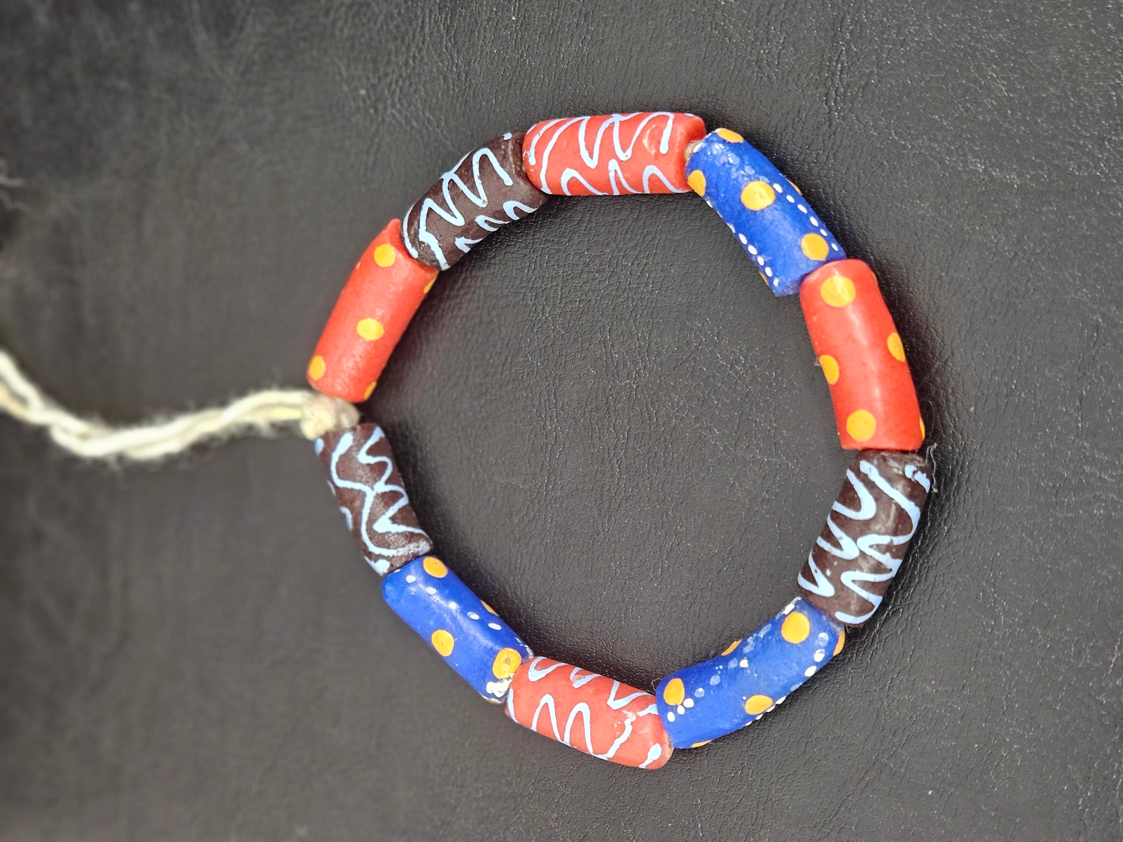 Multicolor Krobo Painted Glass Tube Beads with Hand-Painted Geometric & Wave Motifs | Handcrafted Recycled Glass from Ghana