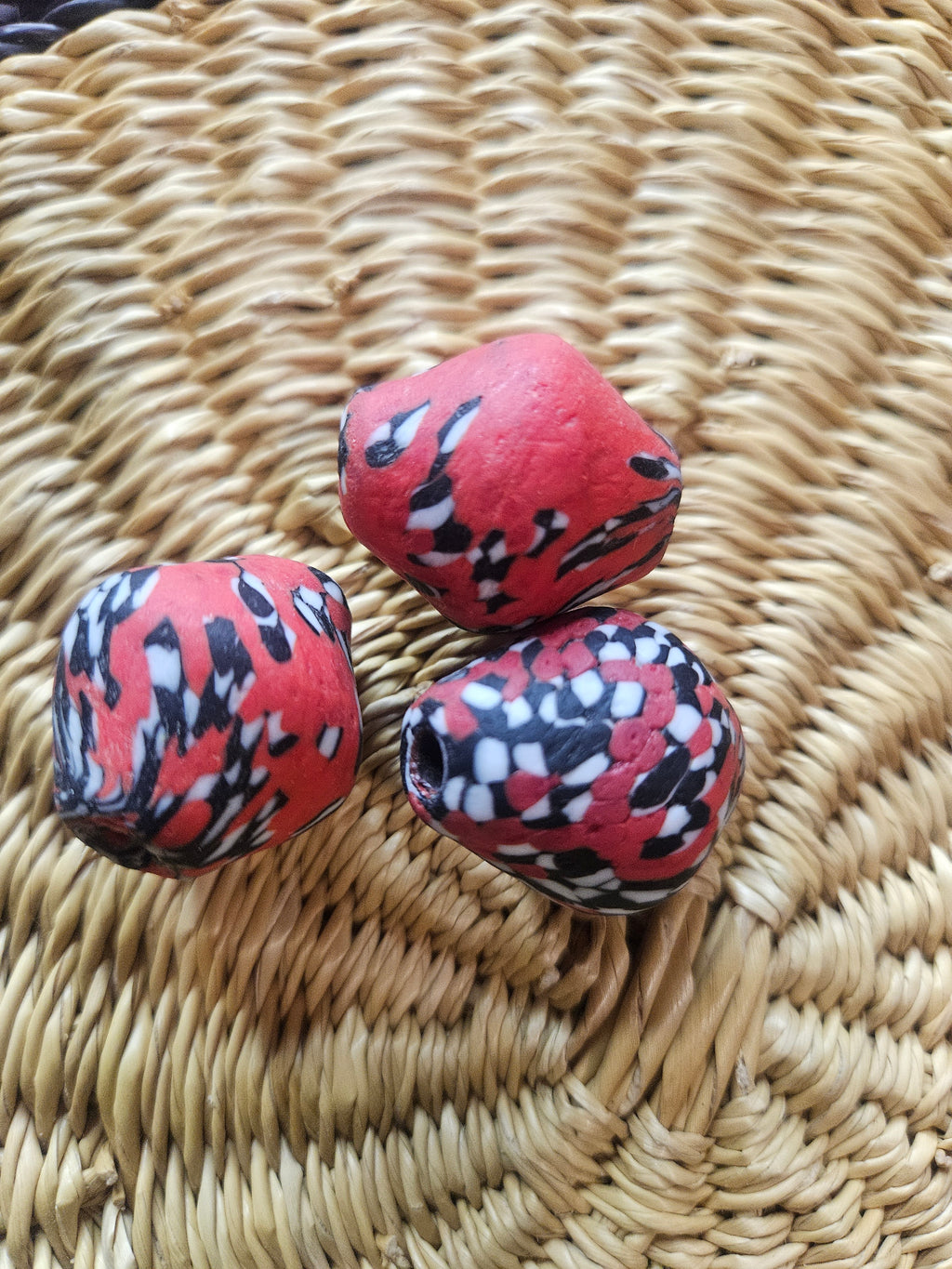 24mm Fused Krobo Recycled Glass Focal Bead – Red Abstract