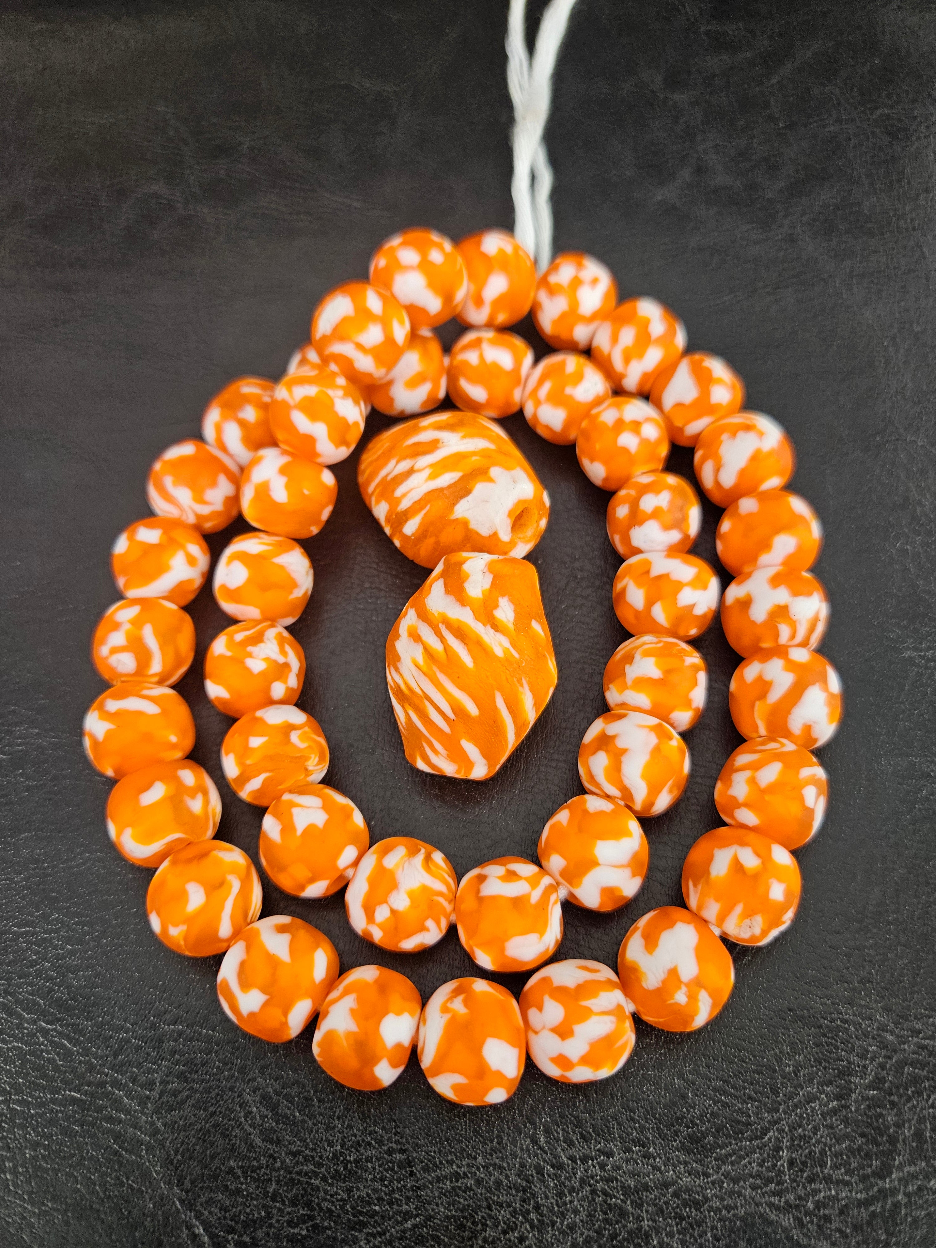 African Glass Bead Bundle – Orange & White Krobo Rounds + Focal Beads