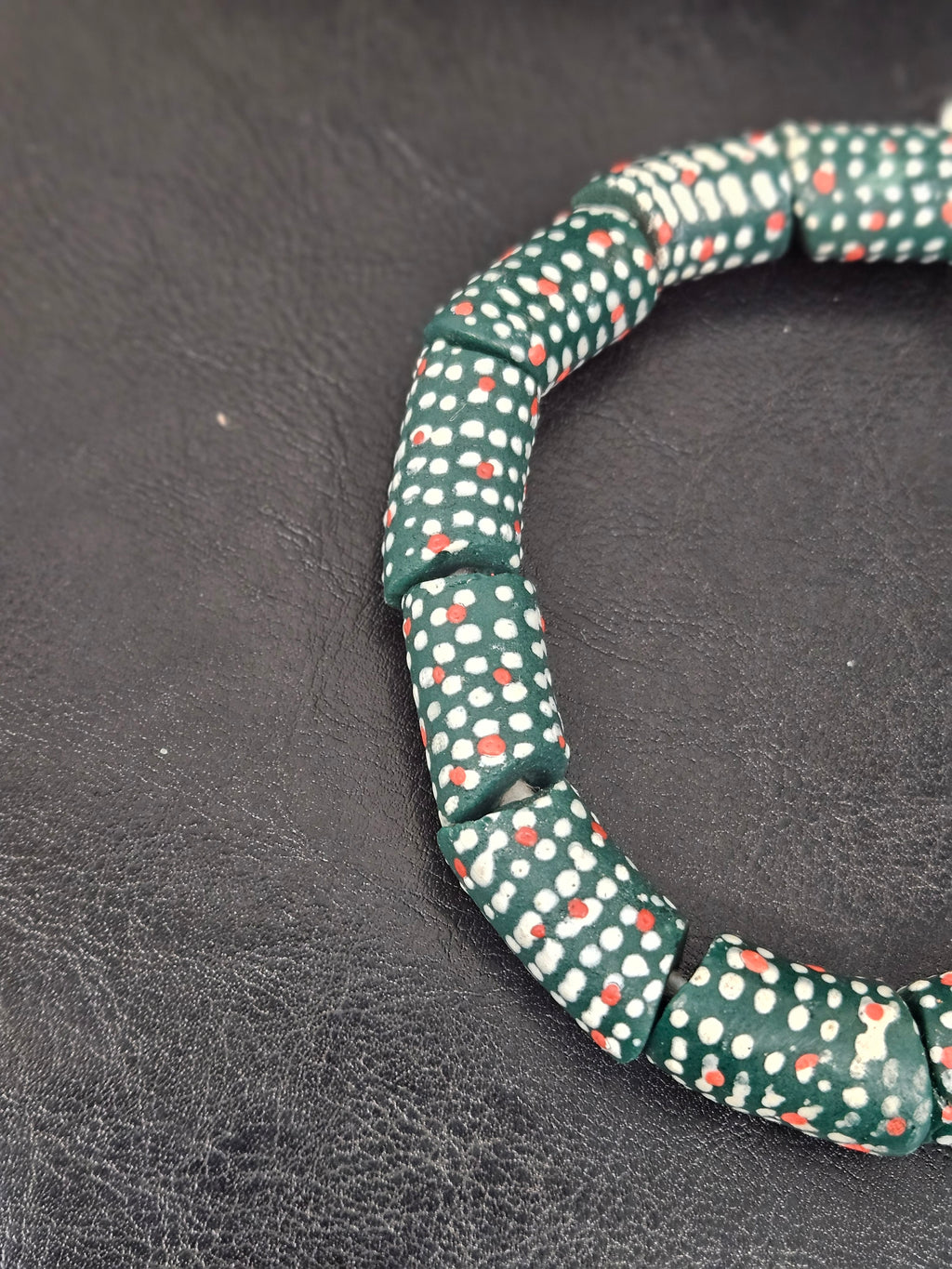Painted Krobo Glass Beads | Green Red & White Polka Dot Long Tube Beads | Handcrafted Ghana Recycled Glass Beads