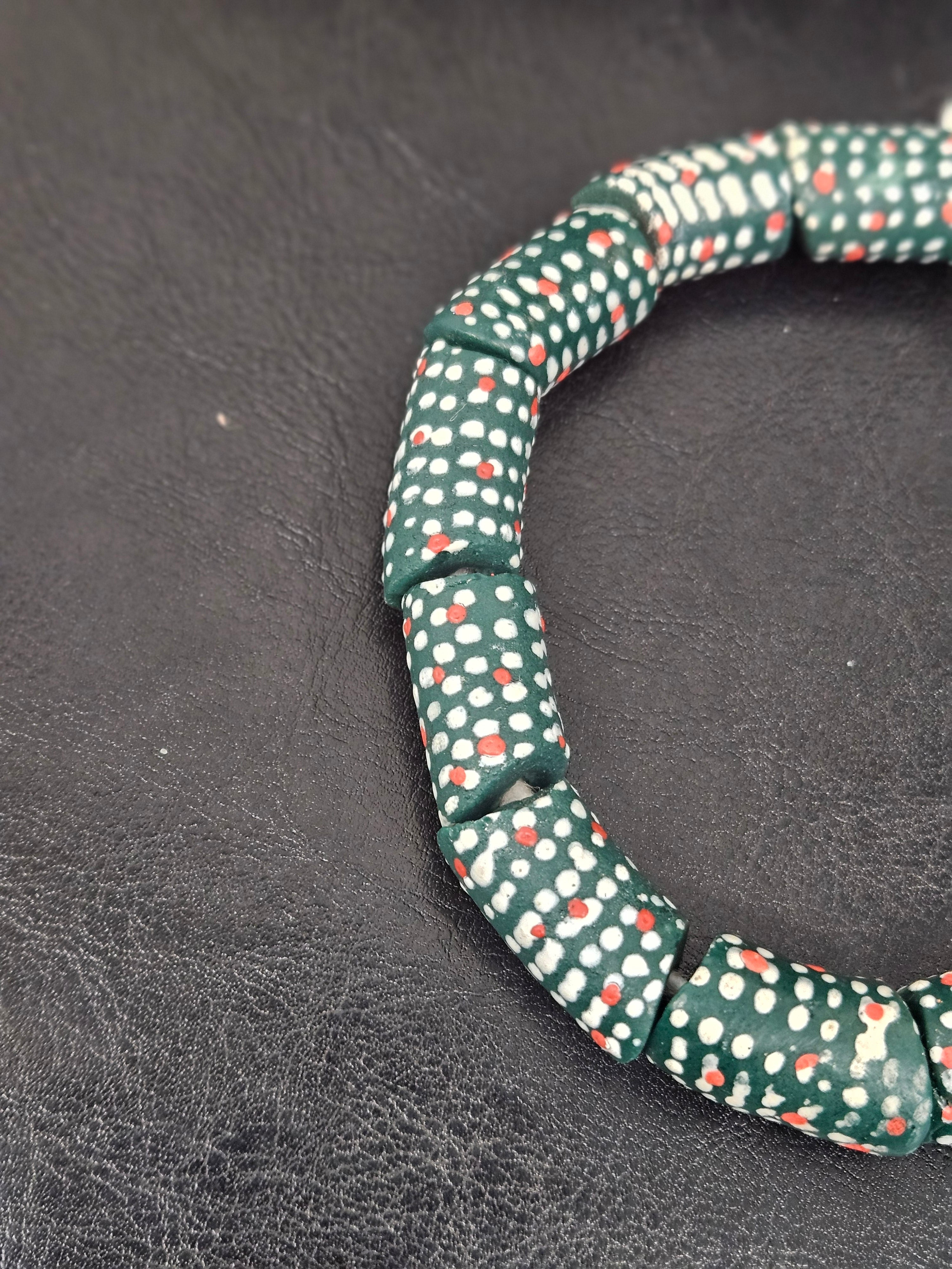 Painted Krobo Glass Beads | Green Red & White Polka Dot Long Tube Beads | Handcrafted Ghana Recycled Glass Beads