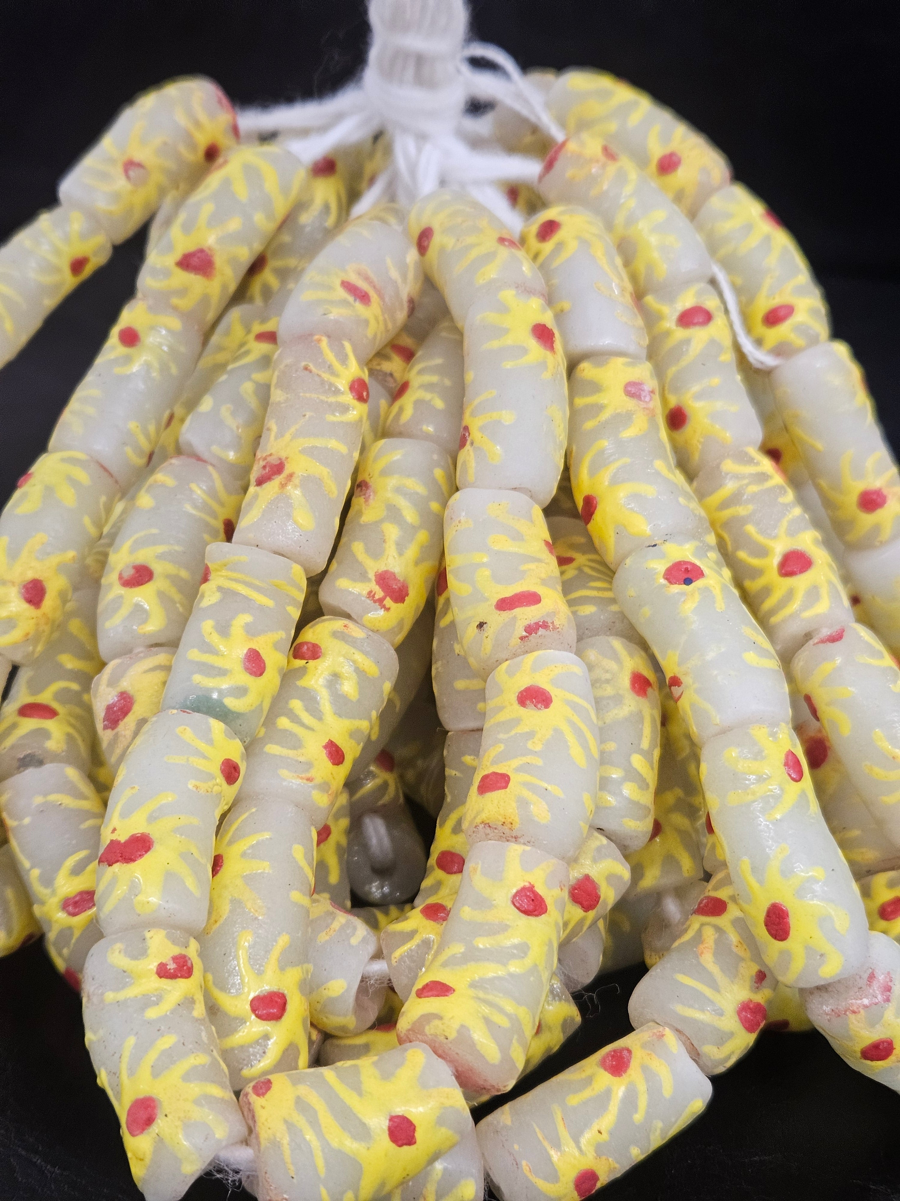 Ivory Painted Krobo Glass Tube Beads | Recycled African Glass Beads | Ghana | Aadampo