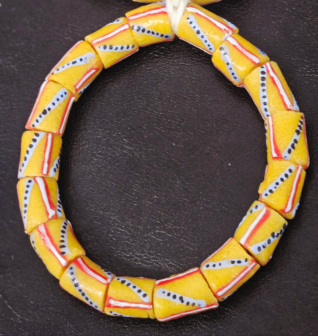 Yellow & Red Patterned Krobo Recycled Glass Tube Beads – 12–14 × 15–18 mm | Handcrafted in Ghana