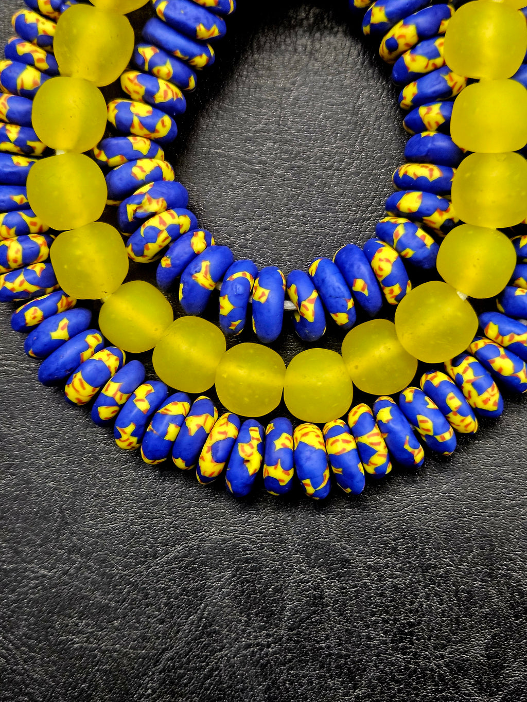 Royal Blue Hand-Painted Krobo Rondelle Glass Beads & Sunshine Yellow Pocket Glass Beads | Handmade in Ghana